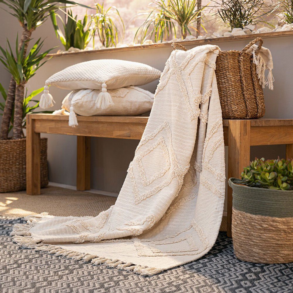 Wohndecke Webdecke Boho Stil Decke Sofadecke Plaid 130 x 170 Creme Makramee günstig online kaufen