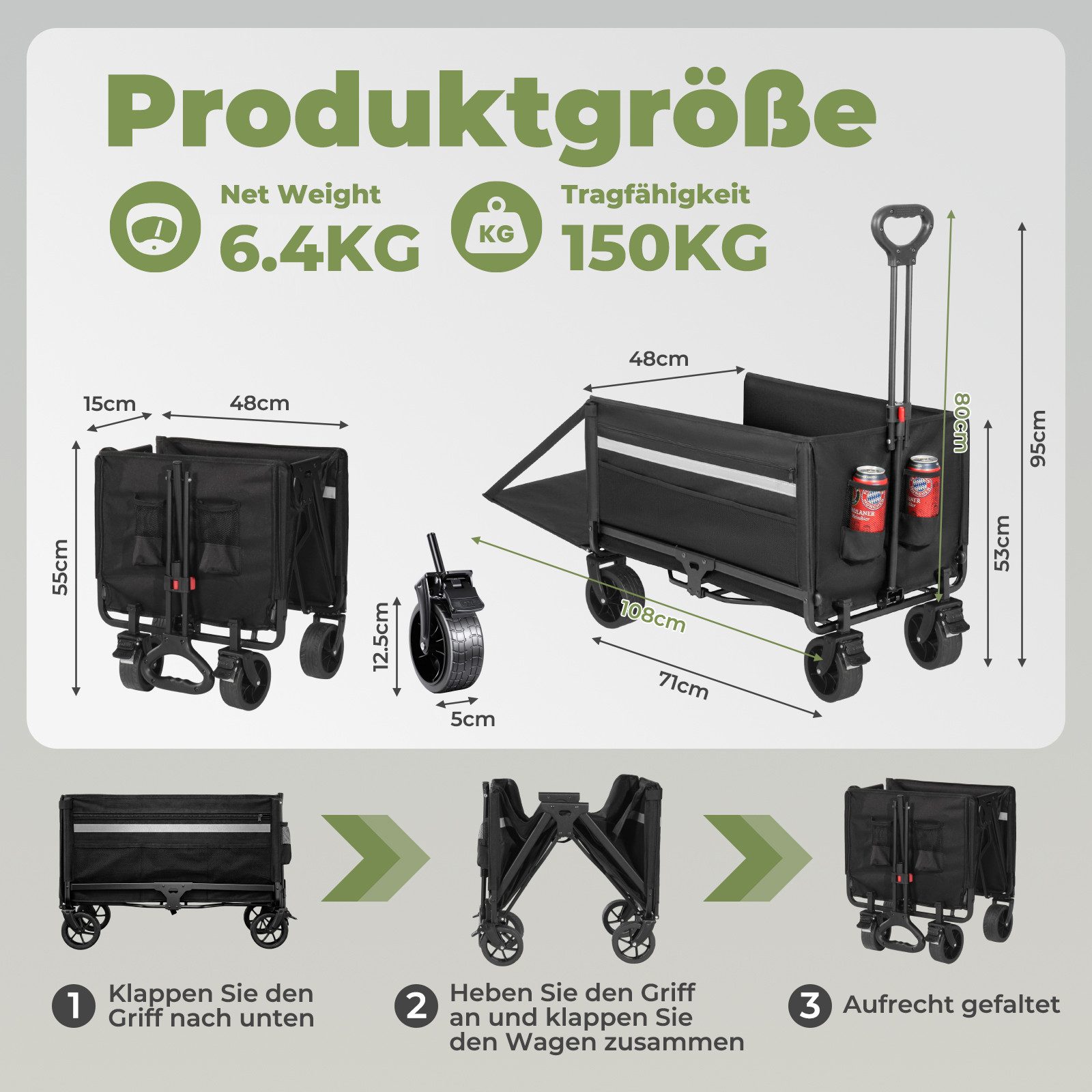 HOMECALL Bollerwagen Gartenwagen bis 150kg Handwagen Strandwagen Klappbar Transportwagen (Inkl. Regenabdeckung! Kapazität erweiterbar durch 2 Aufbewahrungstaschen, 120L+ , Campingwagen mit Reflektorstreifen), Für Einkaufen, Camping, Garten, Dogs