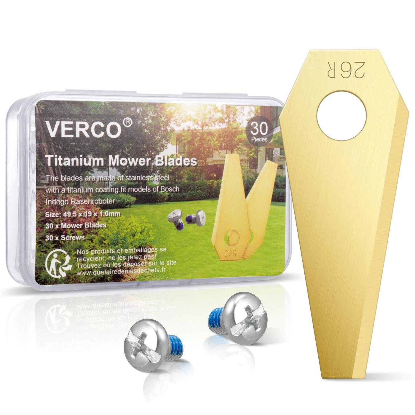 VERCO Mährobotermesser für Bosch Indego Mähmesser (inkl. Schrauben, 30 Stück), Titan Messer Ersatz Klingen Set rostfrei