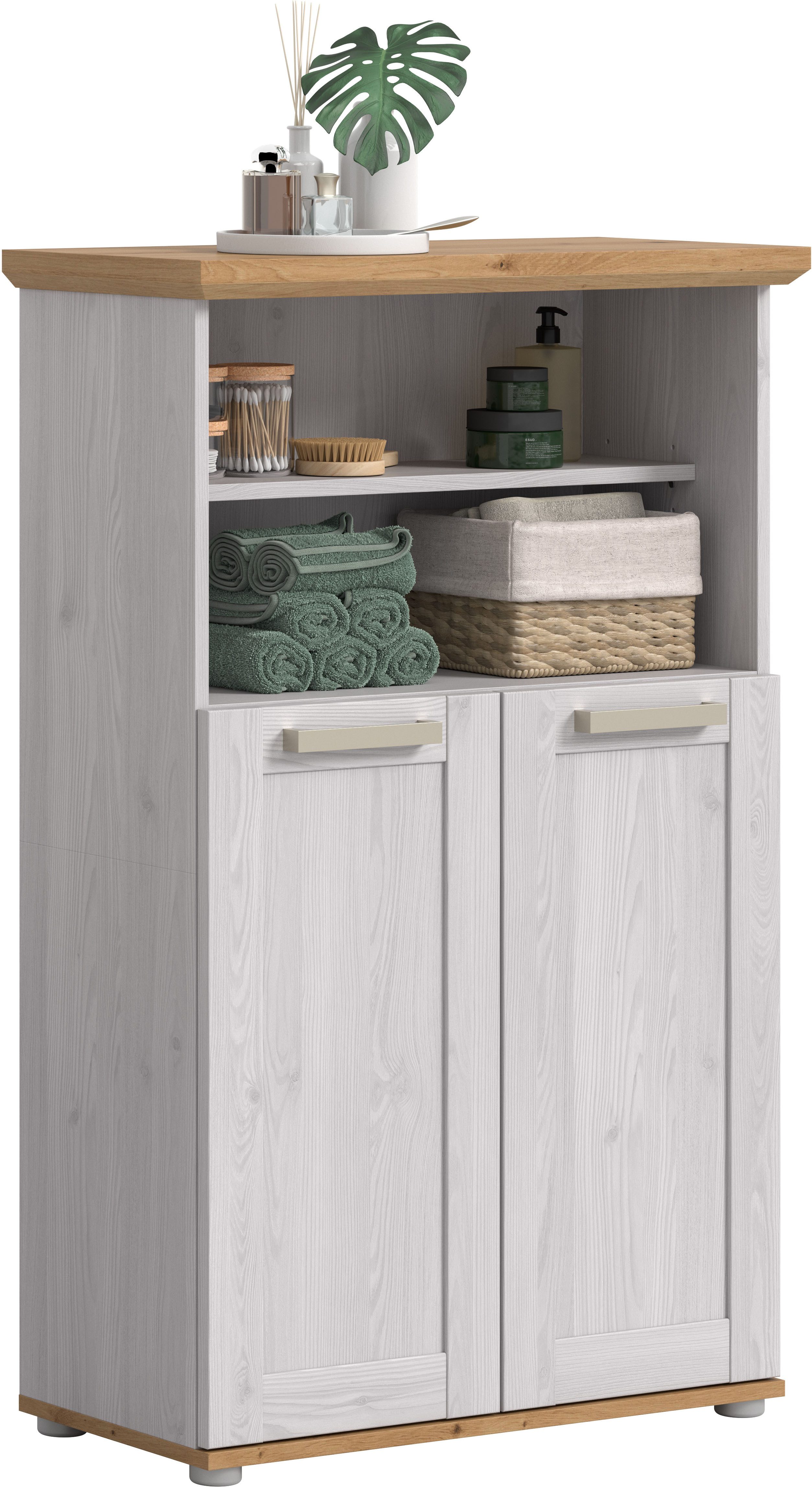 welltime Midischrank COSENZA, Höhe 116cm, 2 Türen, 2 offene Fächer, 3 Einlegeböden (1-St., in Landhausoptik, mit weiteren Artikel der Serie kombinierbar) Midischrank, Badschrank, Bad, Badezimmer