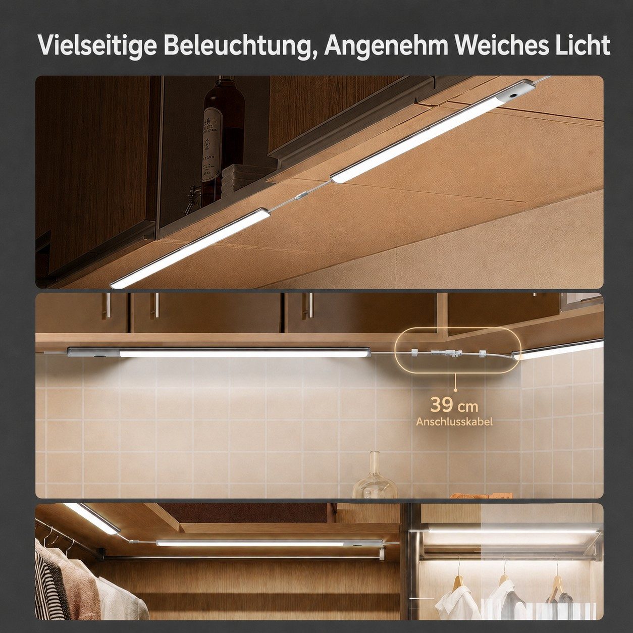 Futicare LED Unterbauleuchte Küche 2er-Set, ultraflach 8 mm, mit Handsensor, 3 Farbtemperaturen, dimmbar, 2800K/4000K/6500K, 2×40 cm, Netzbetrieb – Bild 5 von 5