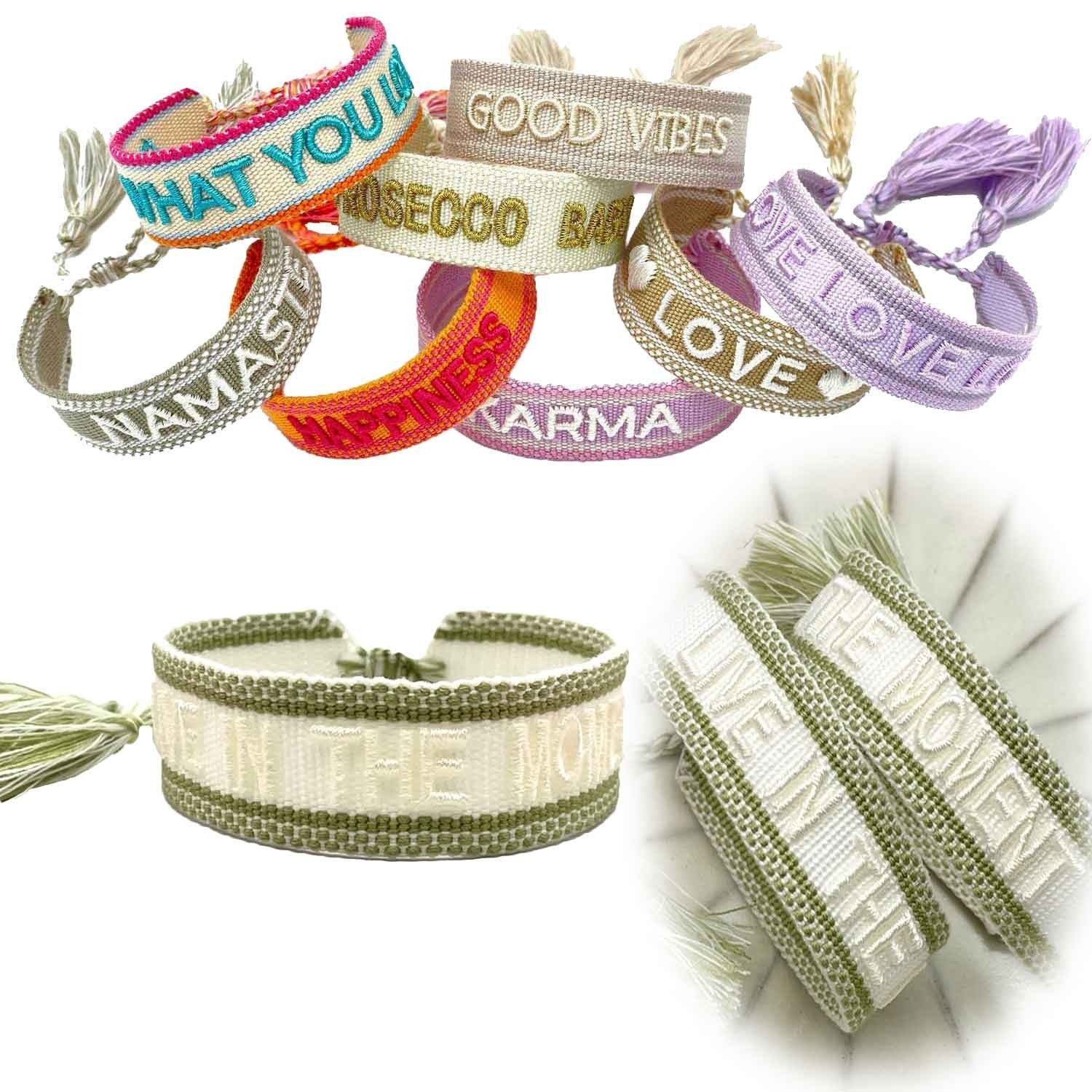 LS-LebenStil Armband Canvas Statement Armband Live in The Moment Weiß Grün Quasten bestickt (Baumwollarmband Webarmband Armbandliebe Freundschaftsarmband Freundschaftsband Partnerarmband, 1-tlg., textil geflochten gewebt - hochwertiger gestickter Spruch),