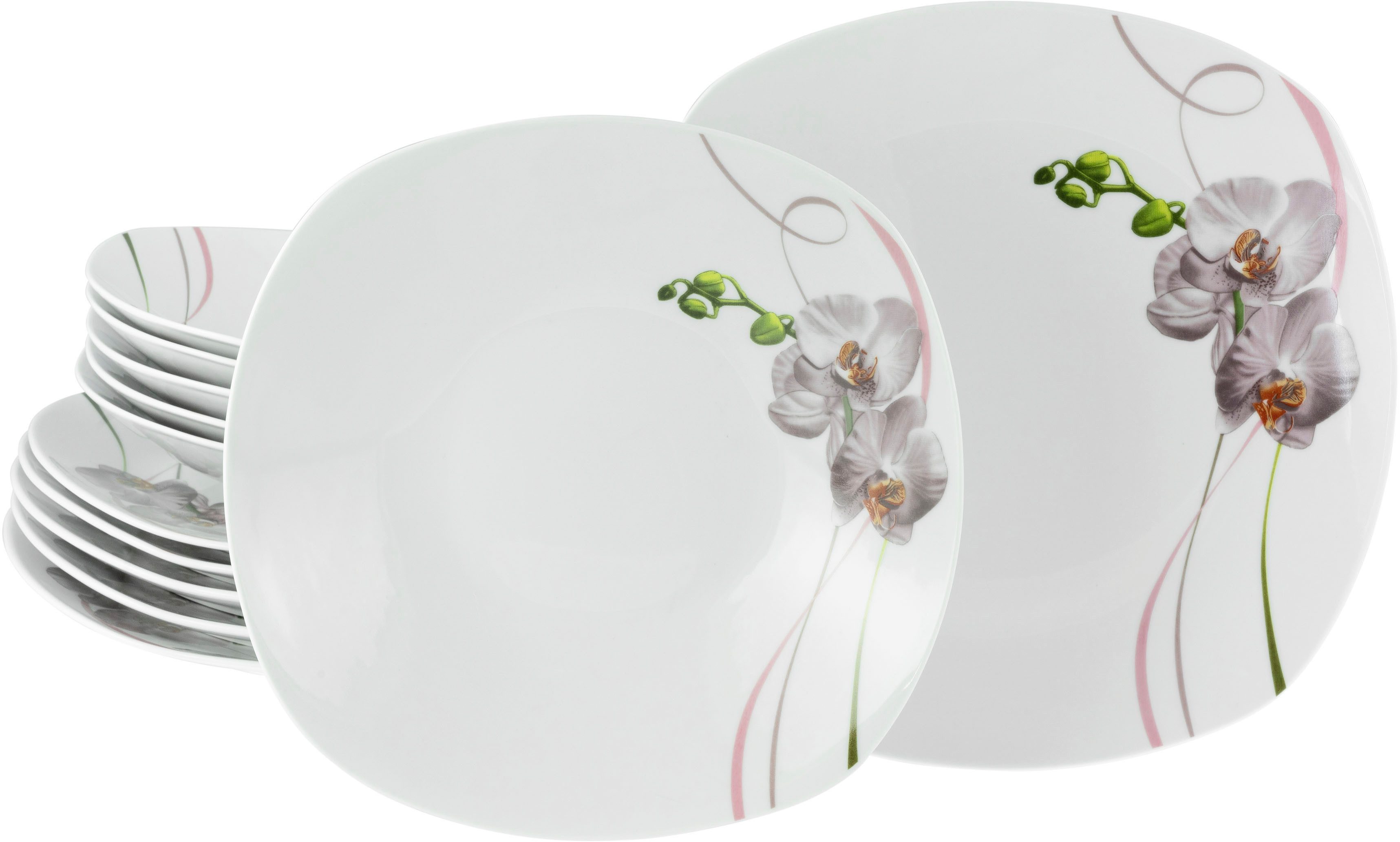 CreaTable Сервірування столу Square Orchidee, Tafel-Service 12-tlg (12-tlg), 6 Personen, Porzellan, Fotorealistische Darstellung
