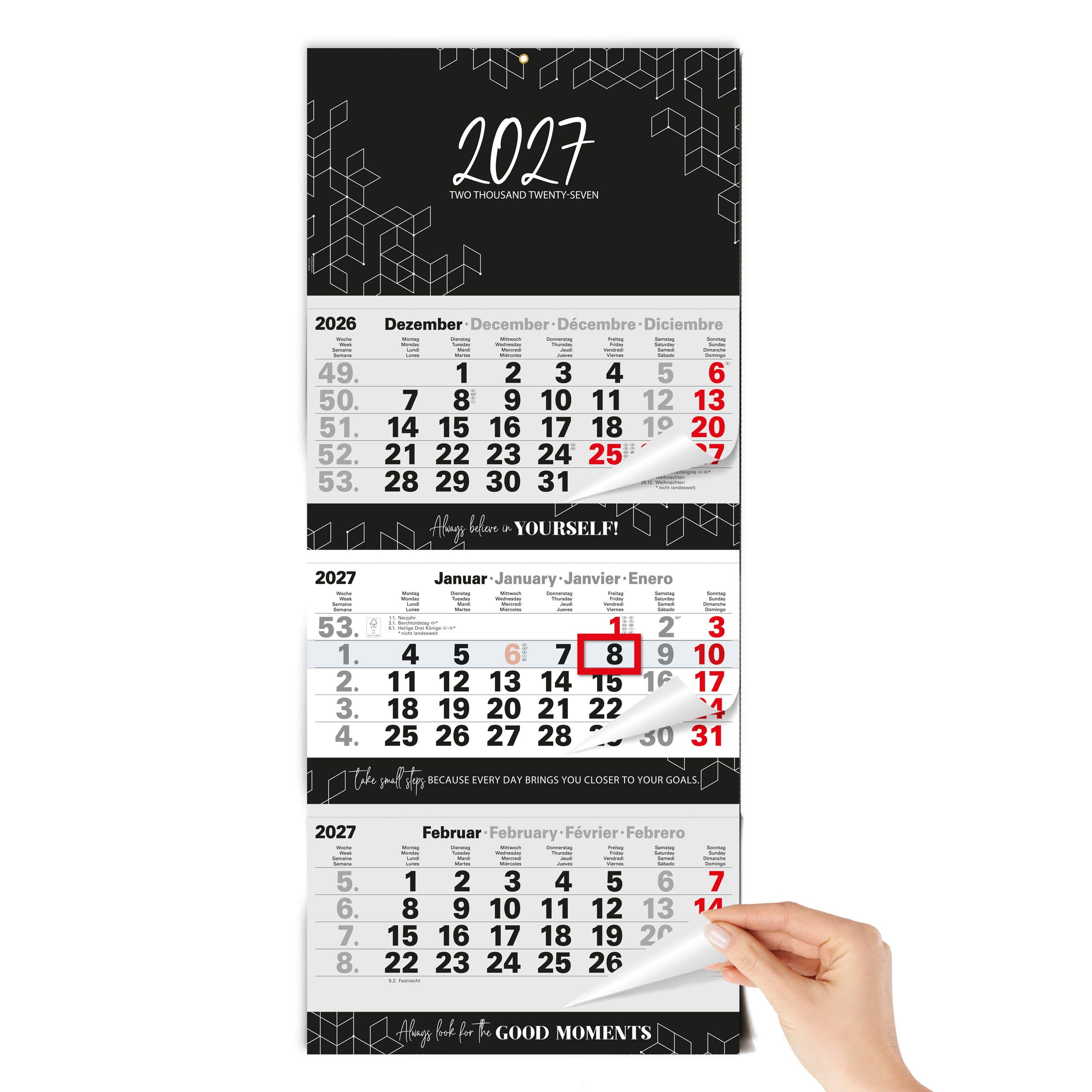 TOBJA Wandkalender 3 Monatskalender 2027 Block Premium 33x77 Motivation Metallöse FSC, Block-Format, Motivations-Sprüche, 33x77 cm, Metallöse, DE/EN/FR/ES