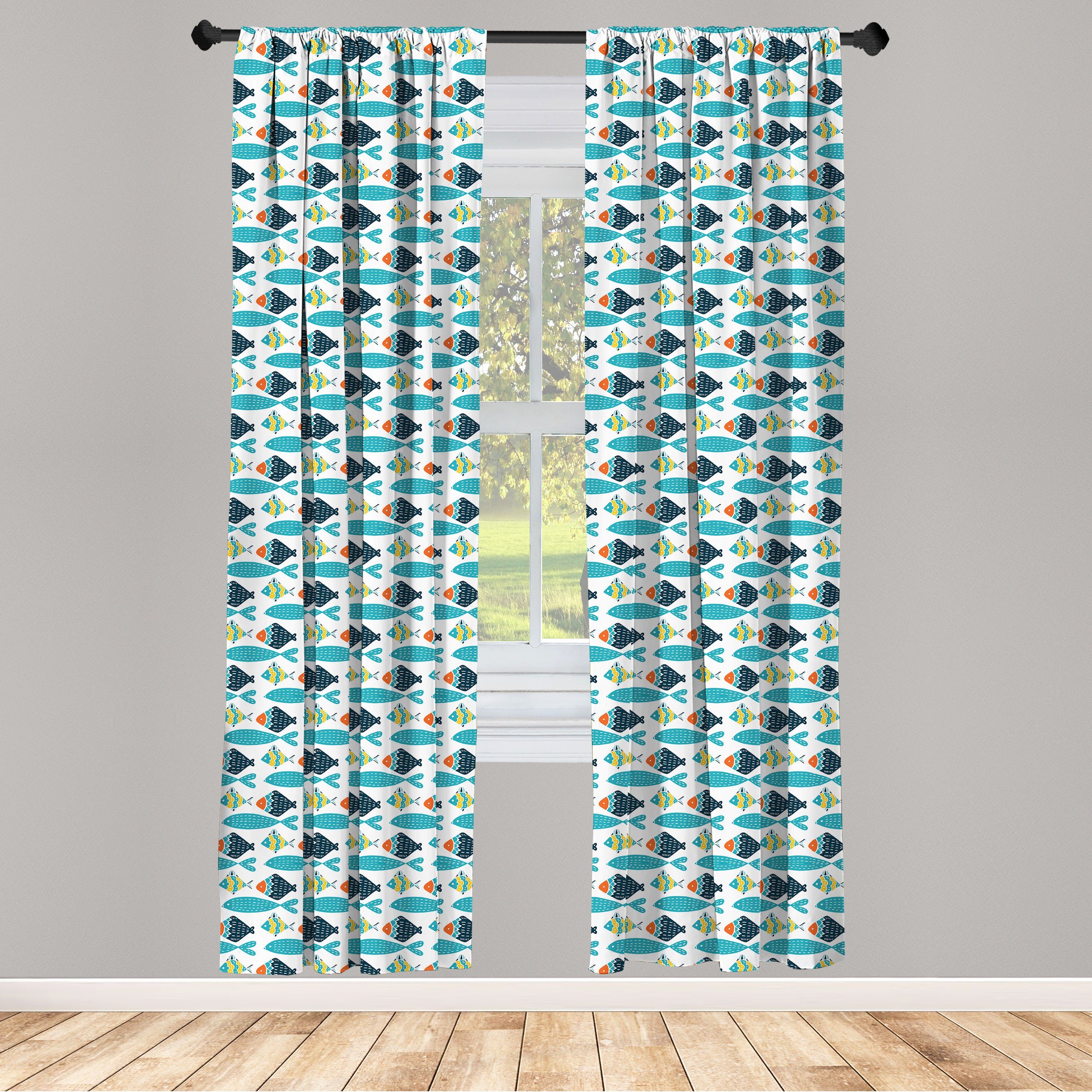 Gardine Vorhang Microfaser, Buntes Dekor, für skandinavisch Schlafzimmer Abakuhaus, Wohnzimmer Fisch-Muster
