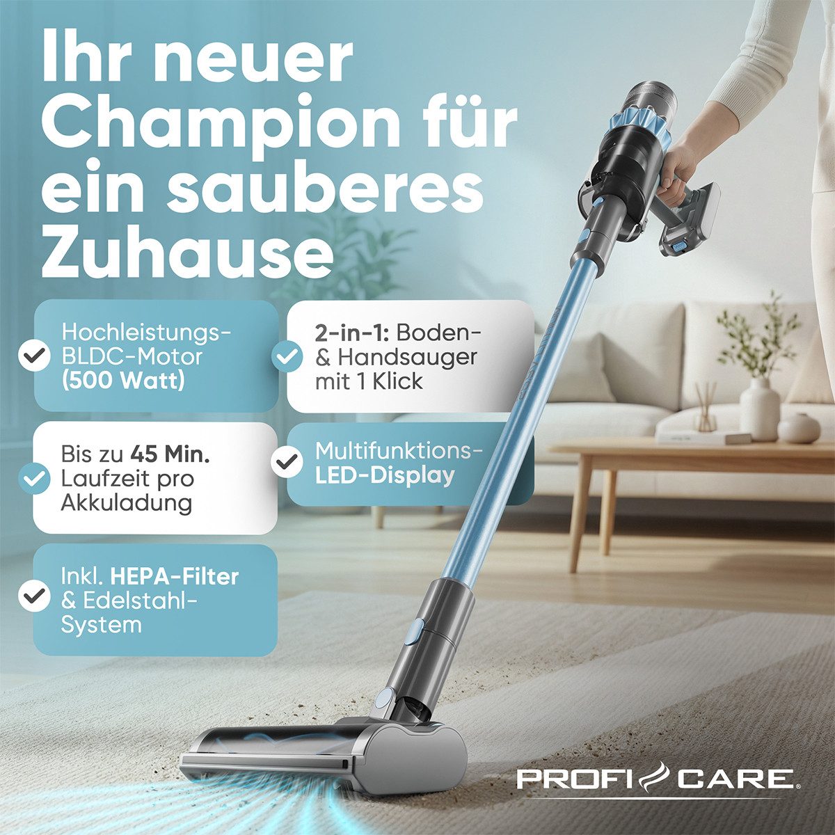 ProfiCare Akku-Bodenstaubsauger PC-BS 3138 A, Akku Staubsauger, 500W Motor, Staubsauger kabellos