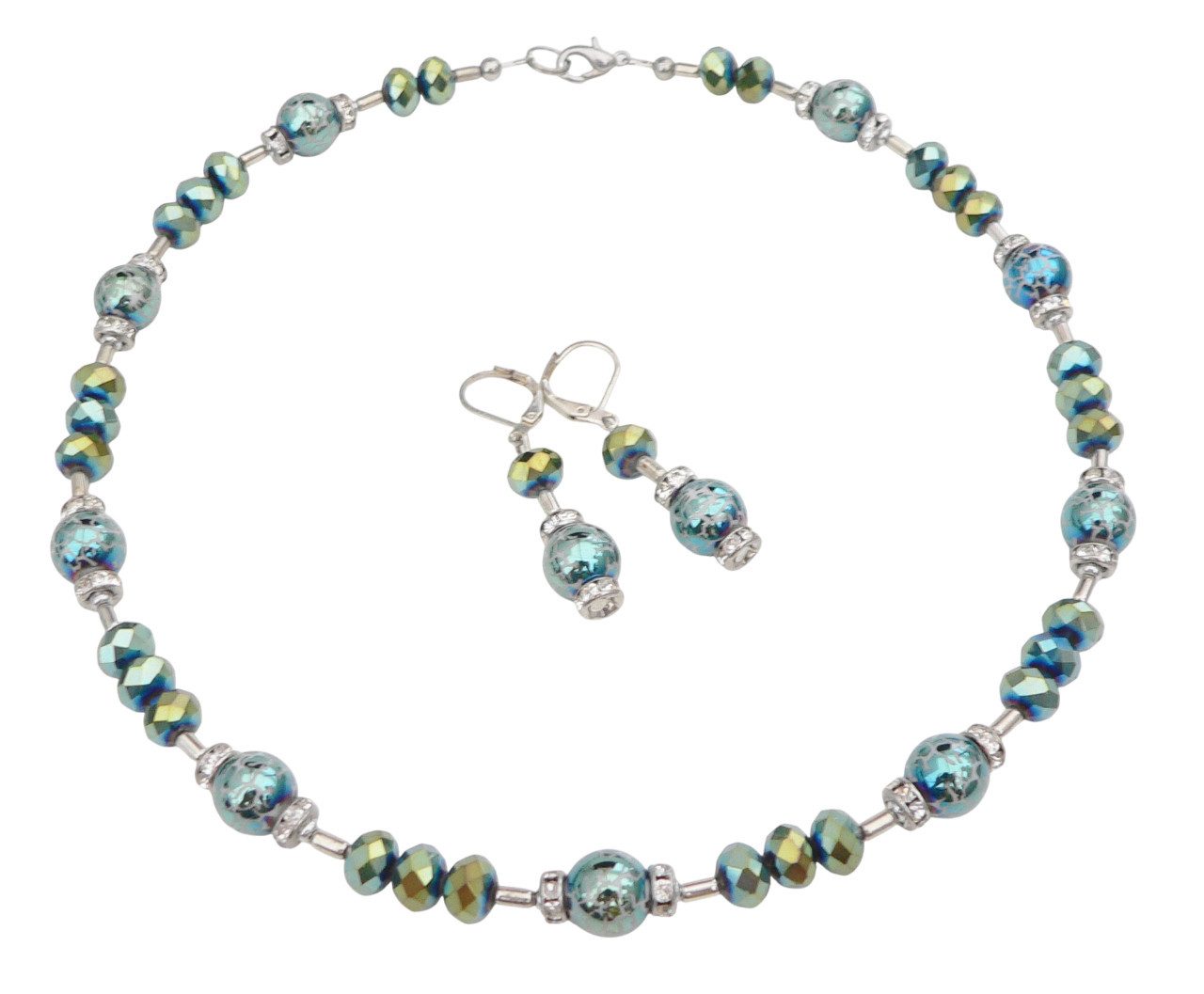 traumschmuck Schmuckset 156h Halskette Ohrringe Perlen krakelee petrolgrün Strass (incl. Schmuckbox), handgefertigt, Made in Germany
