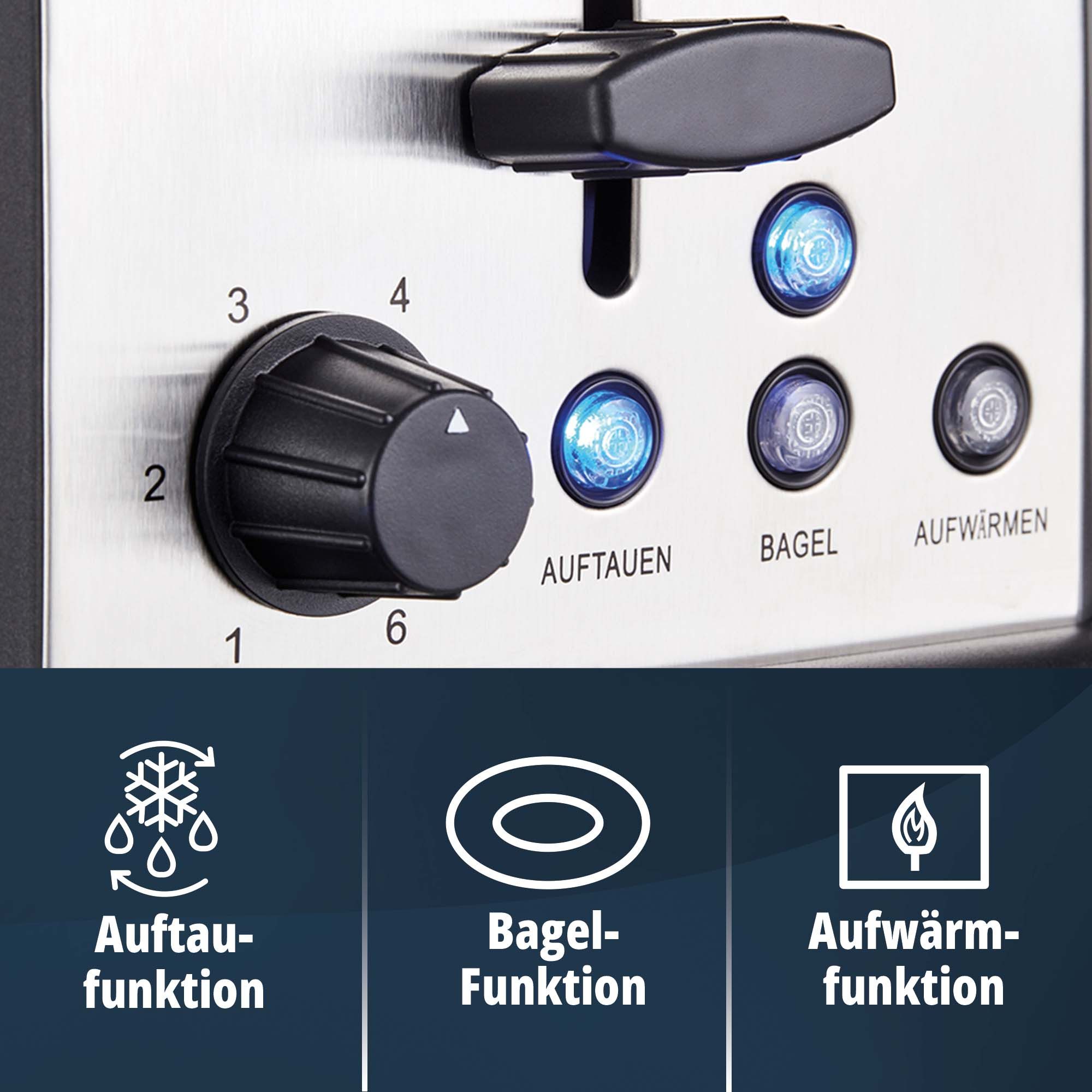 KHG Toaster Edelstahl, Auftau- und Aufwärmfunktion, 6 Bräunungsstufen, 2 kurze Schlitze, für 2 Scheiben, 1000 W, Brötchenaufsatz, Krümelschublade, Bagel-Funktion