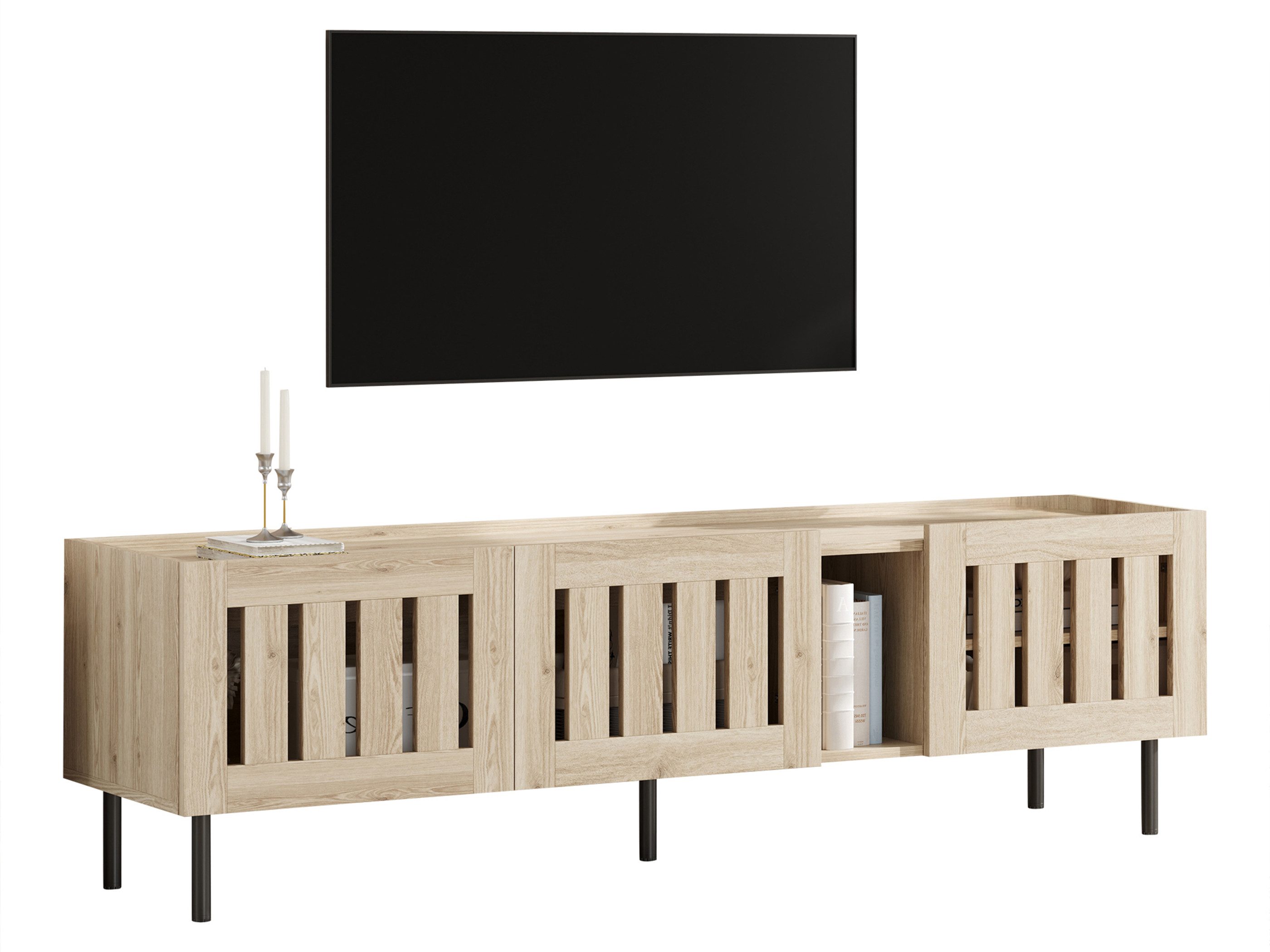 SeedWave Lowboard 160cm TV-Schrank in Holzoptik, mit 3 Grifflosen Gittertüren & Stauraum, Fernsehschrank mit 5 Stützfüßen, Kabeldurchführung