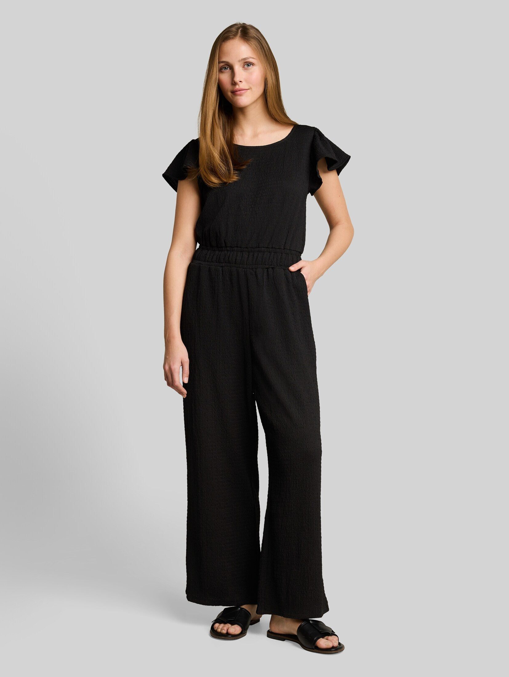 TOM TAILOR Denim Jumpsuit Overalls Crinkle Jumpsuit mit Rüschenärmeln