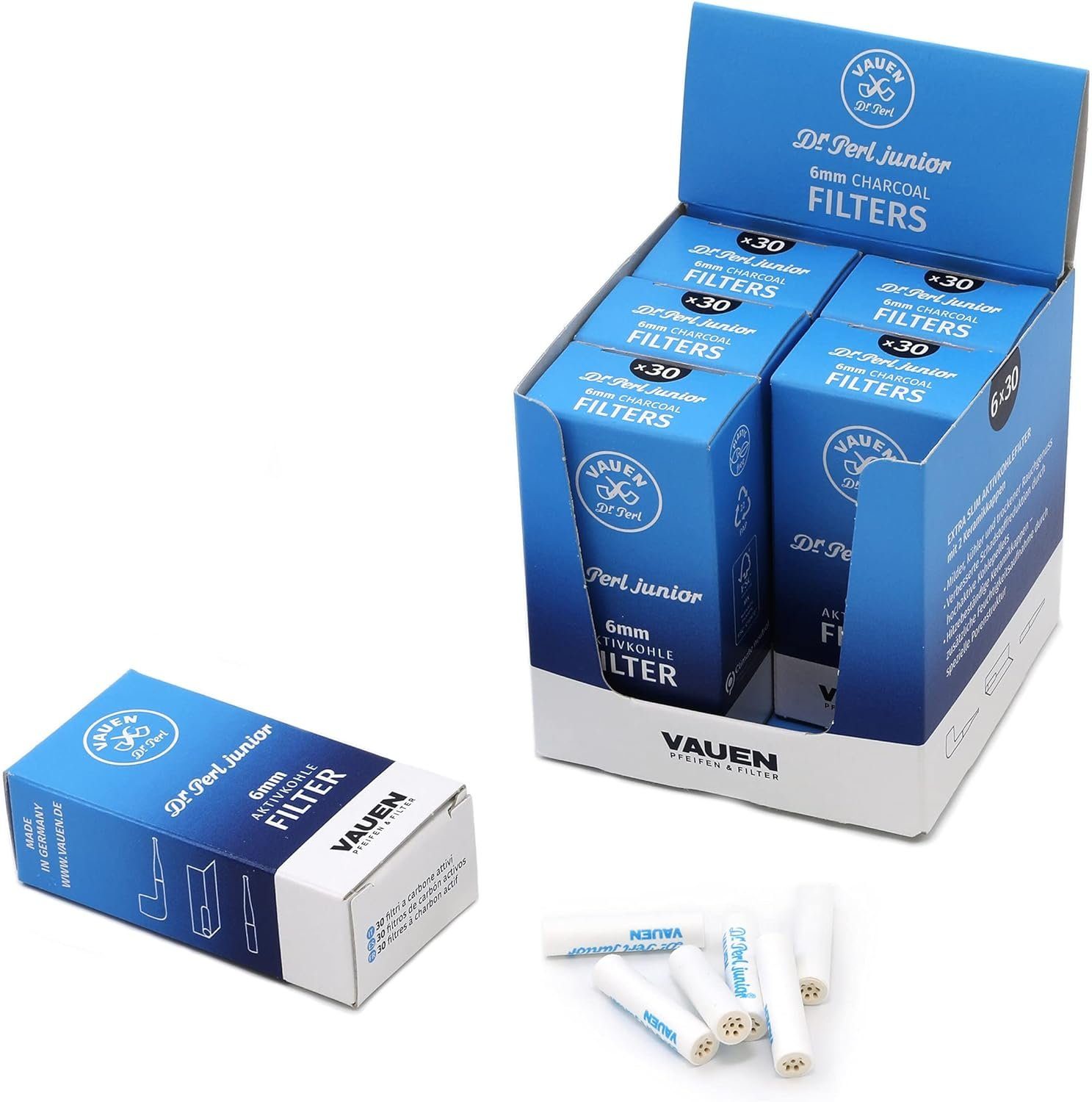 VAUEN Aktivkohlefilter VAUEN Dr. Perl 6mm Filter - 6 x 30 Filter Dreher & Pfeife Filter, Zubehör für Pfeife und Joint, 180 Stück -made in Germany-