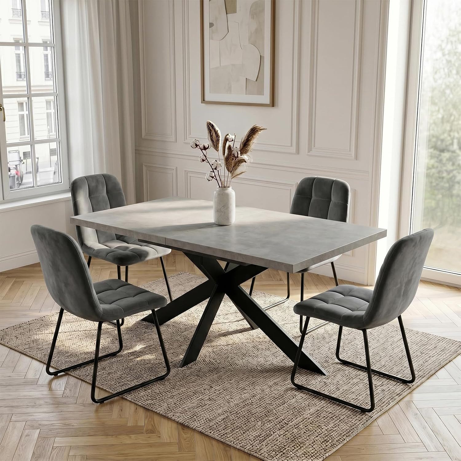 Jiexi Essgruppe Ausziehbare Essgruppe 130-170cm, MDF-Tisch & 4 Samtstühle