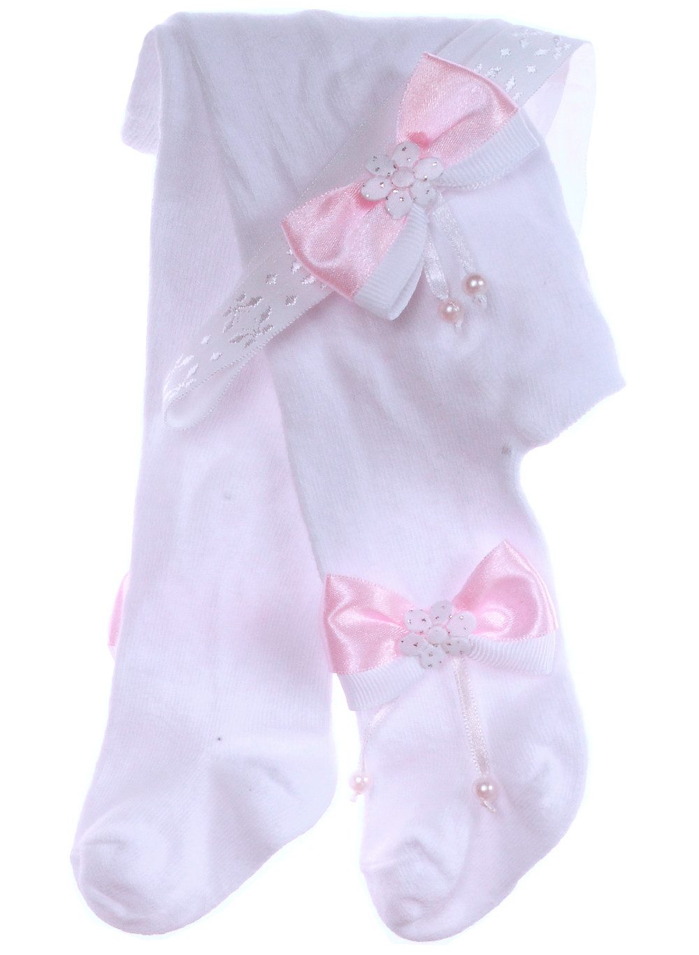 La Bortini Strumpfhose Strumpfhose und Stirnband Baby und Kinder Set 2Tlg in Weiß mit Schleifchen in Rosa, 44 50 56 62 68 74 80 86 92 98 104 110