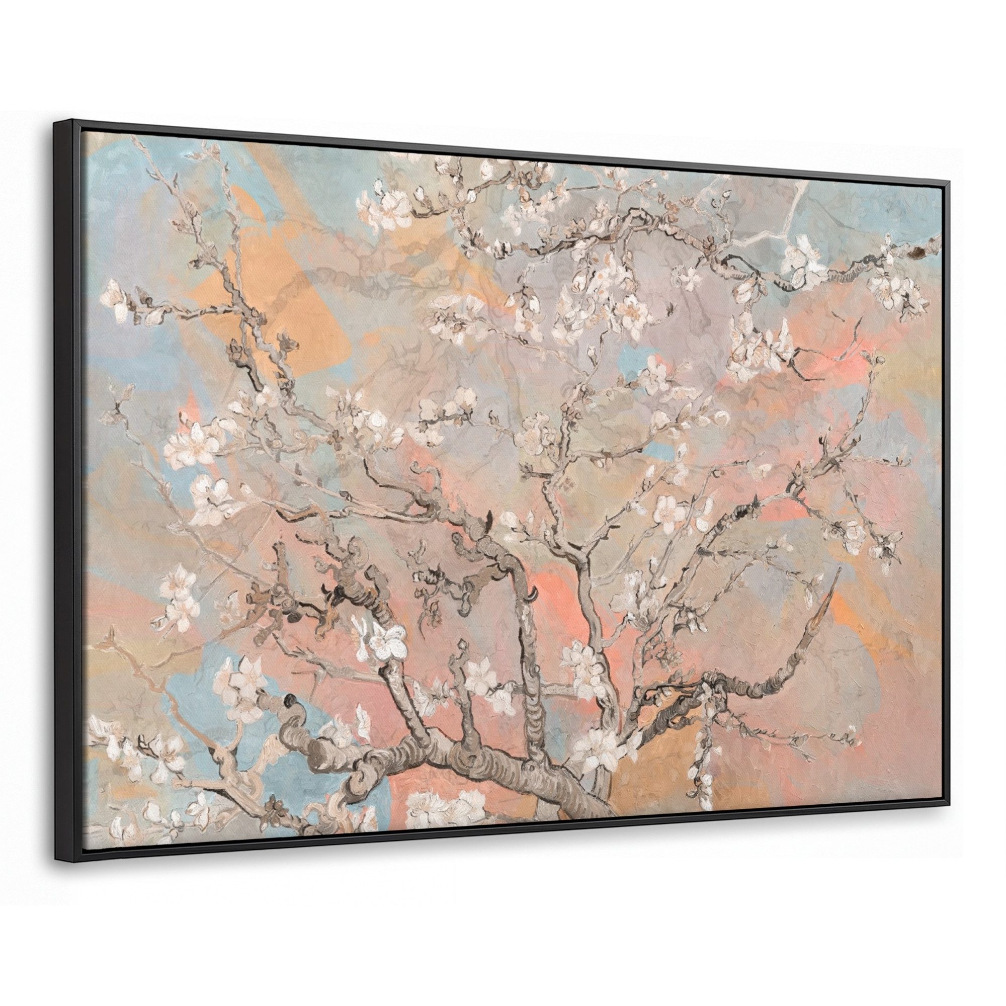 OneMillionCanvasses® Leinwandbild mit Rahmen - Mandelblüte - Kunst - Van Gogh - Pastell, Fotodruck (1 St), Wandbild für alle Wohnbereiche, XXL, großes 120x80cm