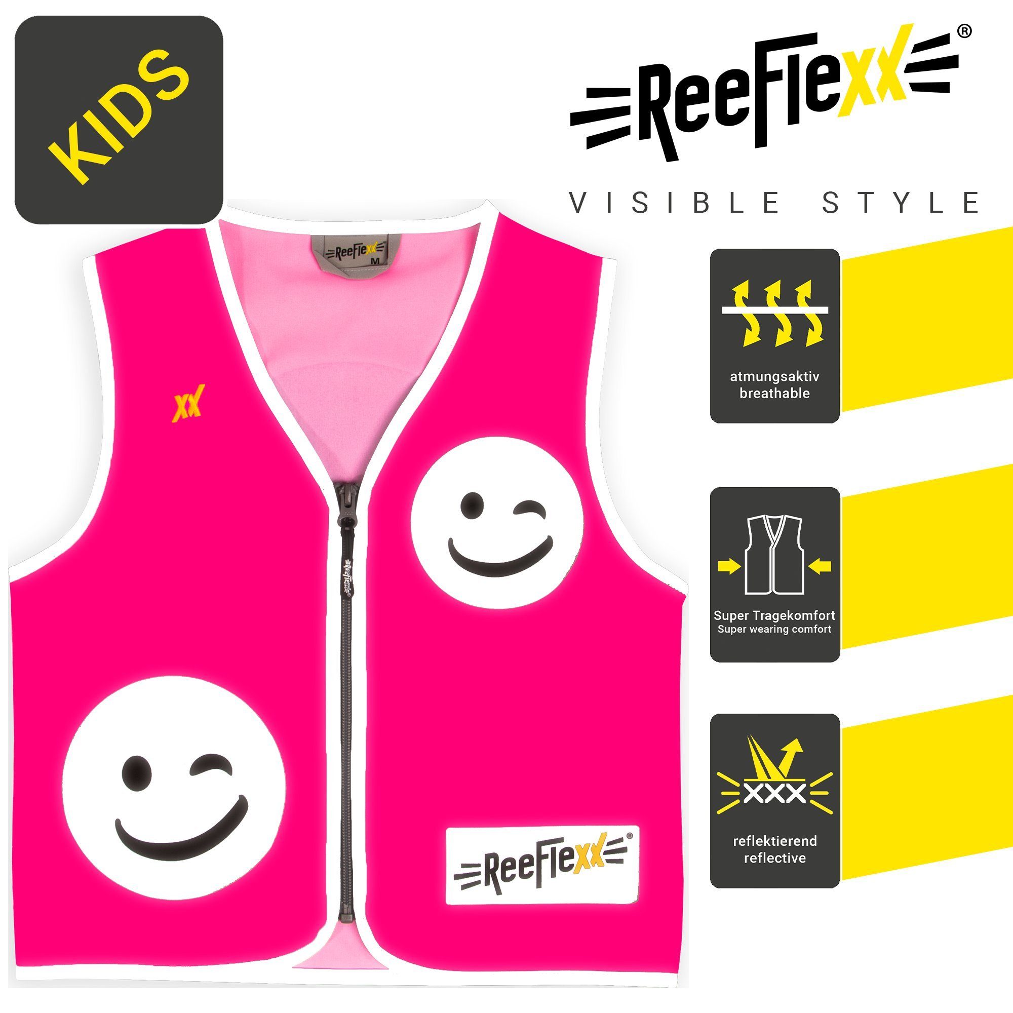 Kinderwarnweste ReeFlexx Warnweste Pink Solid Smiley -