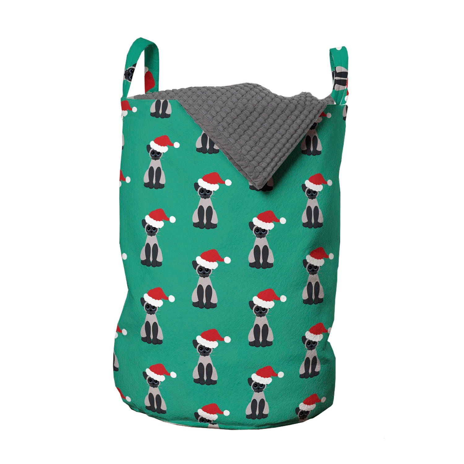 Abakuhaus Wäschesäckchen Wäschekorb mit Griffen Kordelzugverschluss für Waschsalons, Grünes Weihnachten Katzen Sankt-Hüte tragen