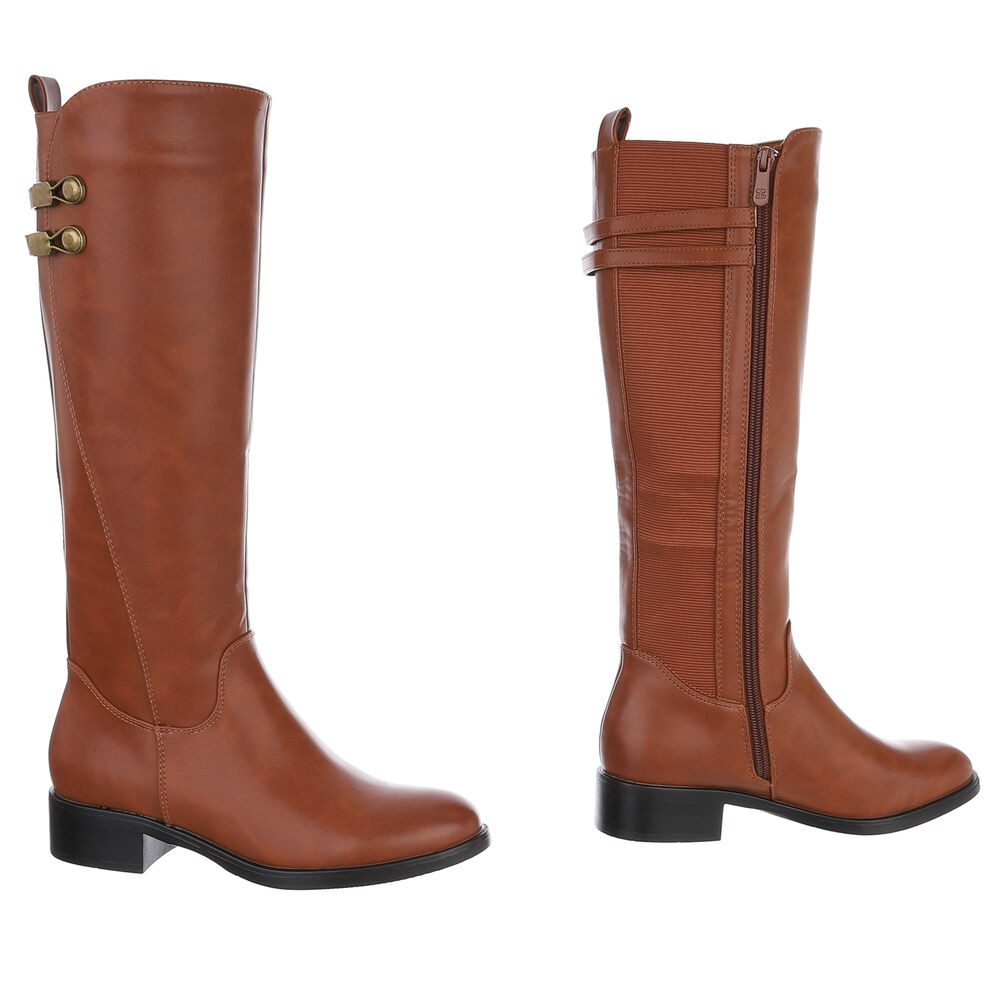 Ital-Design Elegante Damenstiefel mit dekorativen Details für Alltag Stiefel (90110014) Blockabsatz Flache Stiefel in Camel – Bild 4 von 5