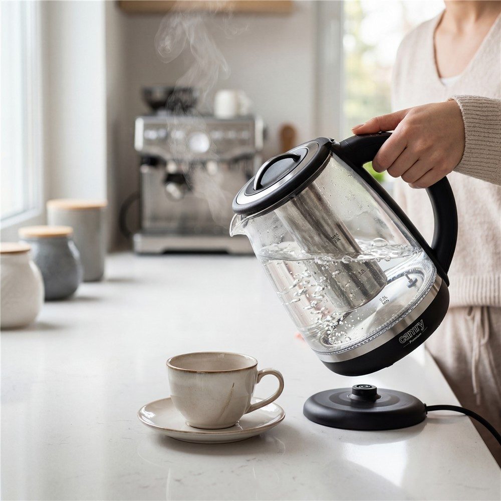 Camry Wasserkocher CR 1290b Glaswasserkocher mit Temperaturwahl, 2 l, 2200 W, Teesieb, Warmhaltefunktion, LED Beleuchtung, Glas Teekocher, Schwarz