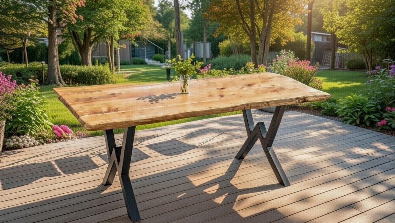 Xlmoebel Gartentisch Massiver Holz-Esstisch mit schwarzem X-förmigem Metallgestell, Made in Europa