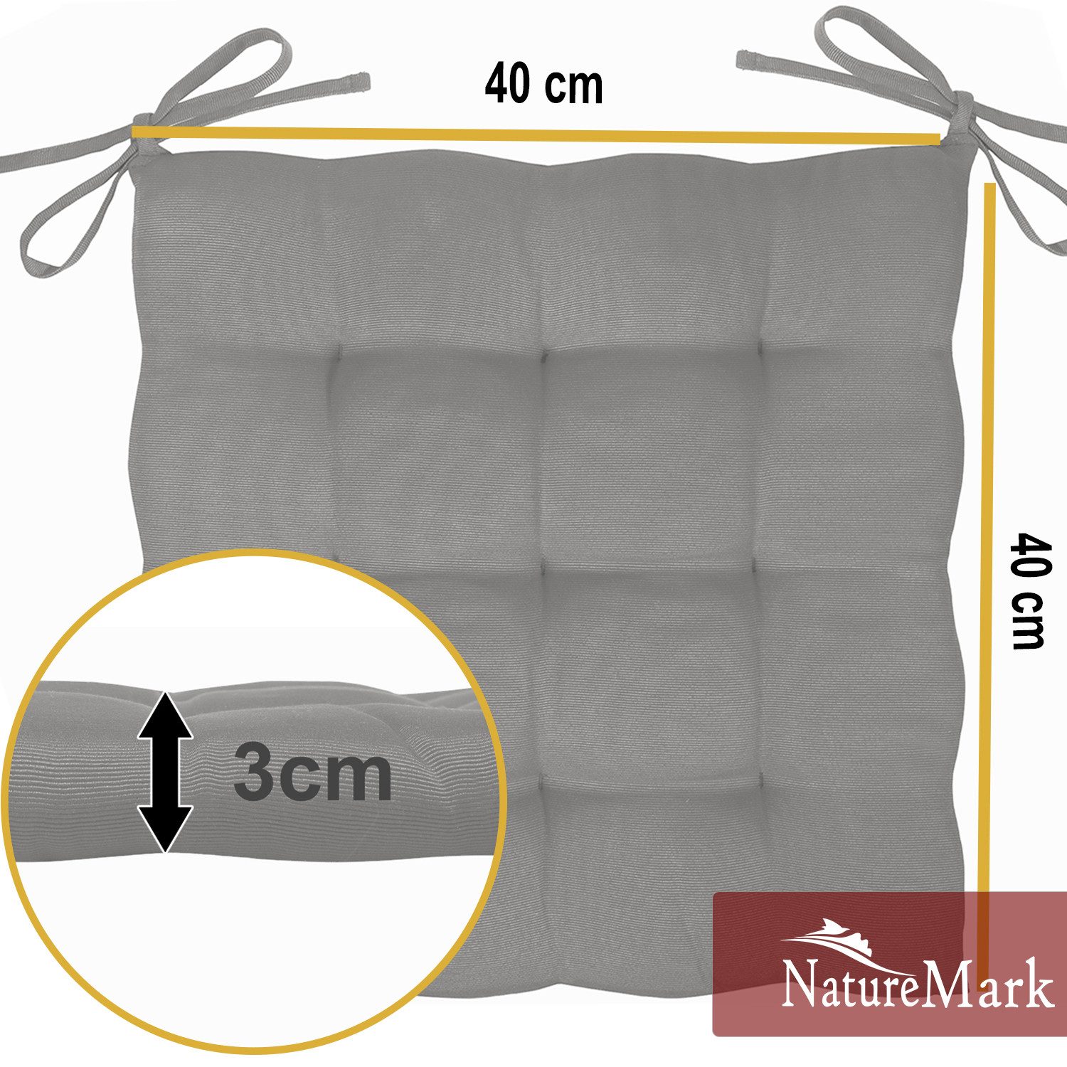 NatureMark Sitzkissen 4er-Set Stuhlkissen 40x40cm mit Bändern, Sitzpolster Kissen 4er Pack, schadstoffgeprüft, Silber grau