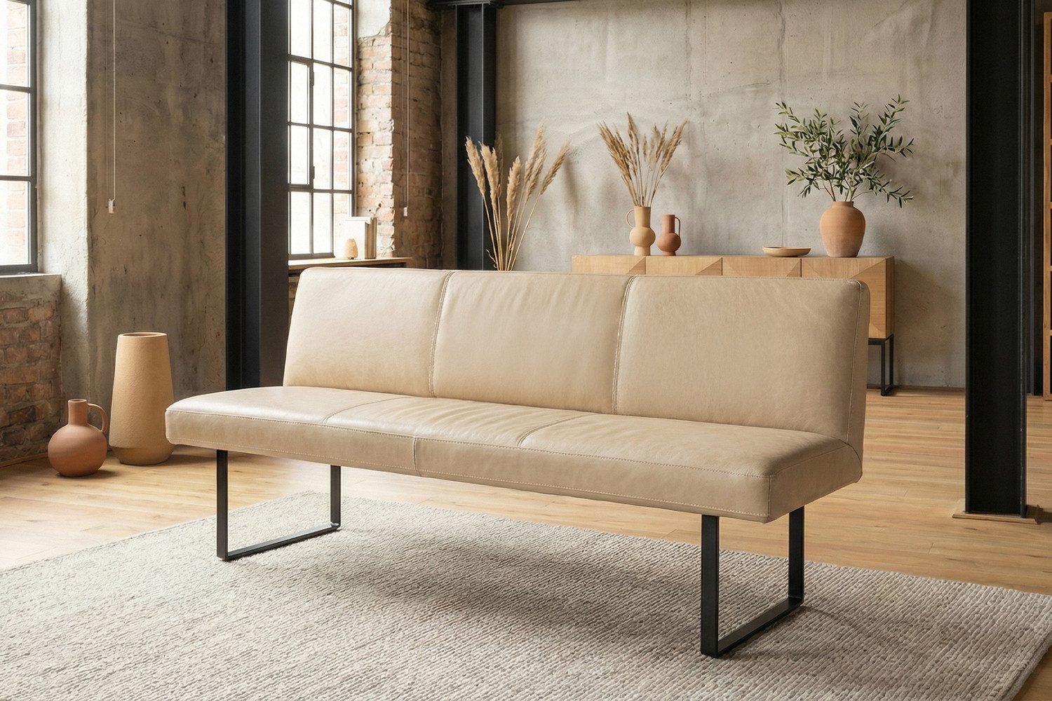 KAWOLA Sitzbank ELEEN Esszimmerbank Leder pigmentiert – modernes Design, 183 cm Breite, hoher Sitzkomfort, Metallgestell schwarz