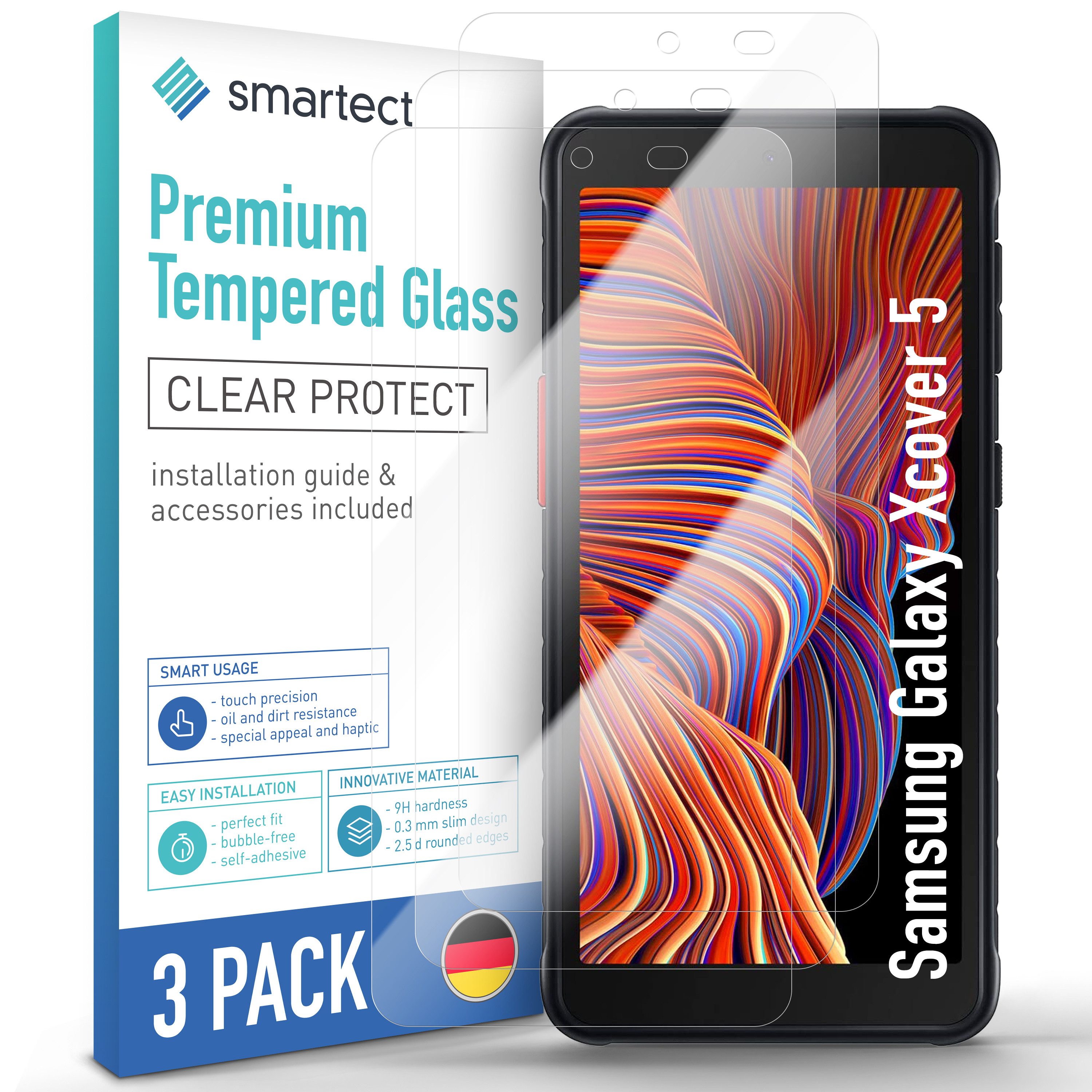 smartect Displayschutzglas 3X Schutzglas Panzerfolie Klar für Samsung Galaxy Xcover 5 für Samsung Galaxy Xcover 5, Set, 3 Stück, 0.3 mm Ultra-klar, 9H Härte, Kratzfest, Stoßfest, Blasenfrei, Oleophob