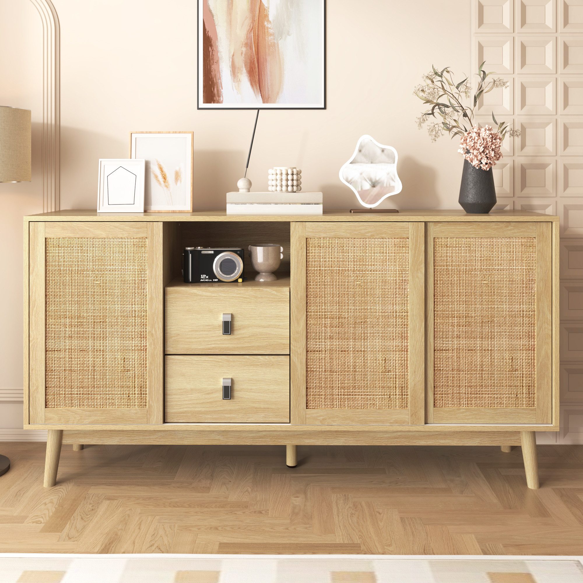 Furnishings Home Kombikommode Sideboard Schrank Schließfächer Modern Rattangeflecht, 155cm breite, 2 Schubladen + 3 Schiebetüren aus Rattan