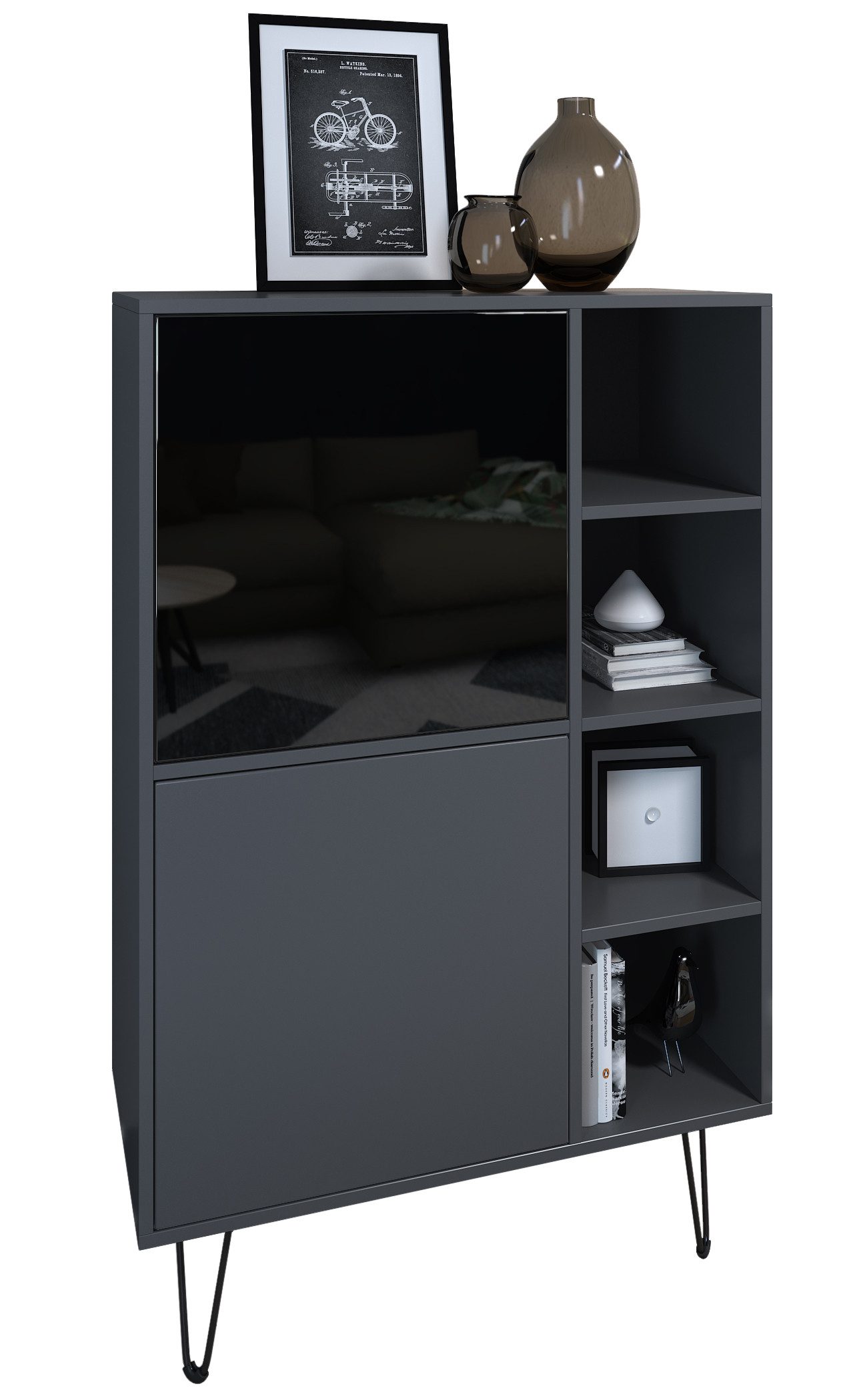 Vladon Sideboard Havana V1 (Schrank mit 2 Türen und 4 offene Fächer, Kommode Made in Germany), Anthrazit matt / Anthrazit matt (124 x 79 x 35 cm)