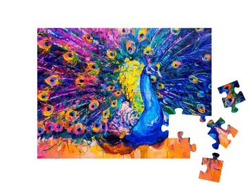 puzzleYOU Puzzle Original Ölgemälde auf Leinwand: ein bunter Pfau, 48 Puzzleteile, puzzleYOU-Kollektionen 200 Teile, Kunst & Fantasy