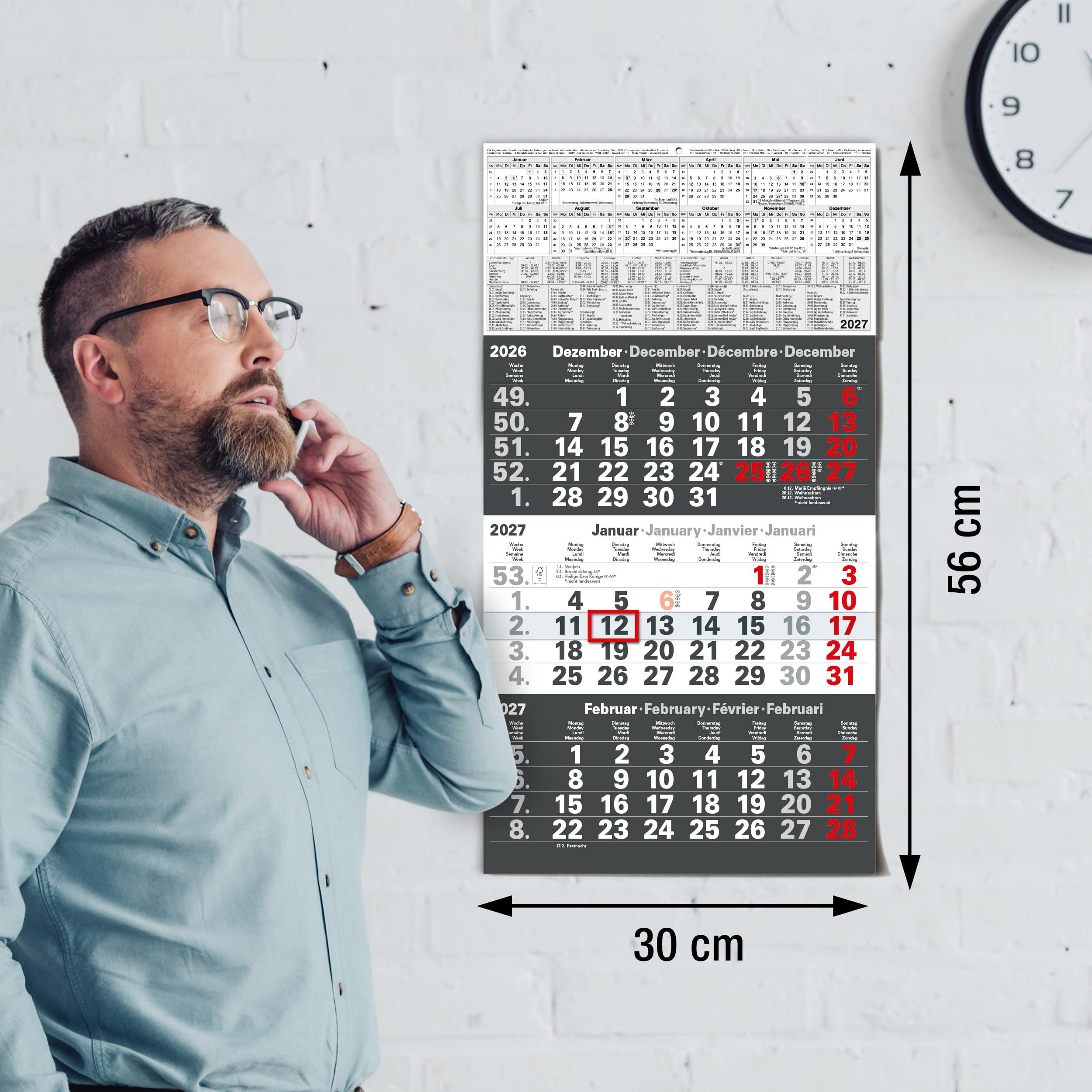 TOBJA Wandkalender 3 Monatskalender 2027 Anthrazit mit Datumsschieber 30x56 FSC, Anthrazit, Datumsschieber, Schulferien DE+AT, 4-sprachig, FSC