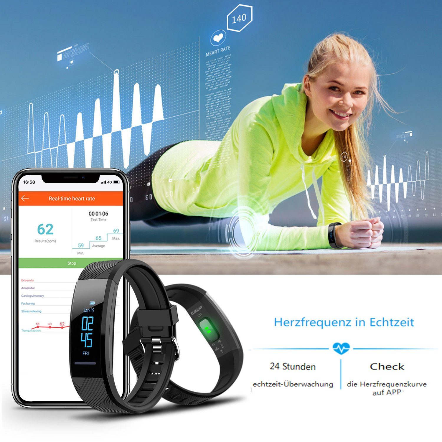 Insma Fitness-Tracker, Smart Armband IP67 Herzfrequenz Armbanduhr
