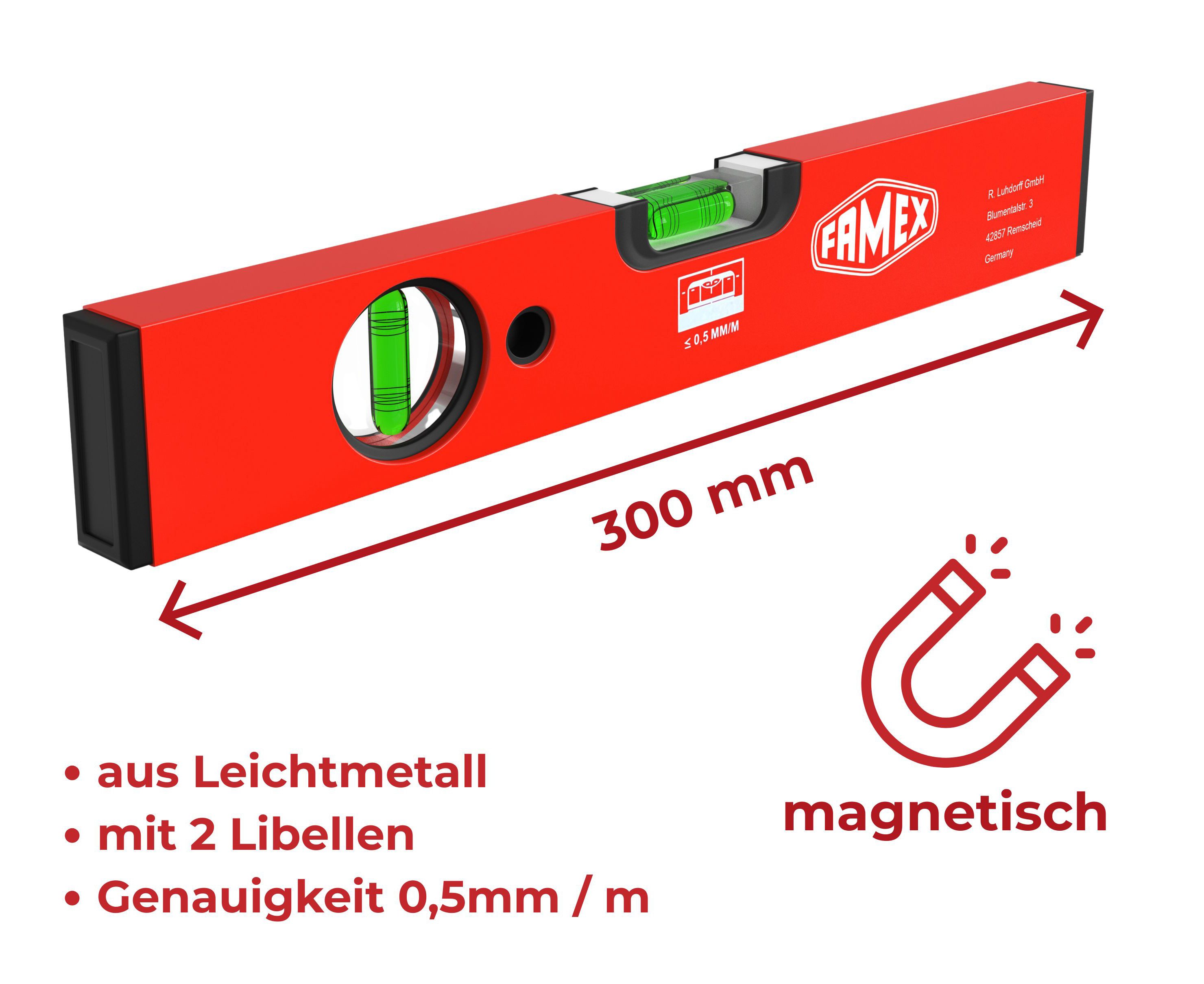 FAMEX Wasserwaage 12786 Magnetwasserwaage PRO, (aus Leichtmetall, 0,5mm / m), magnetisch, 30cm, 2 Libellen – Bild 2 von 2
