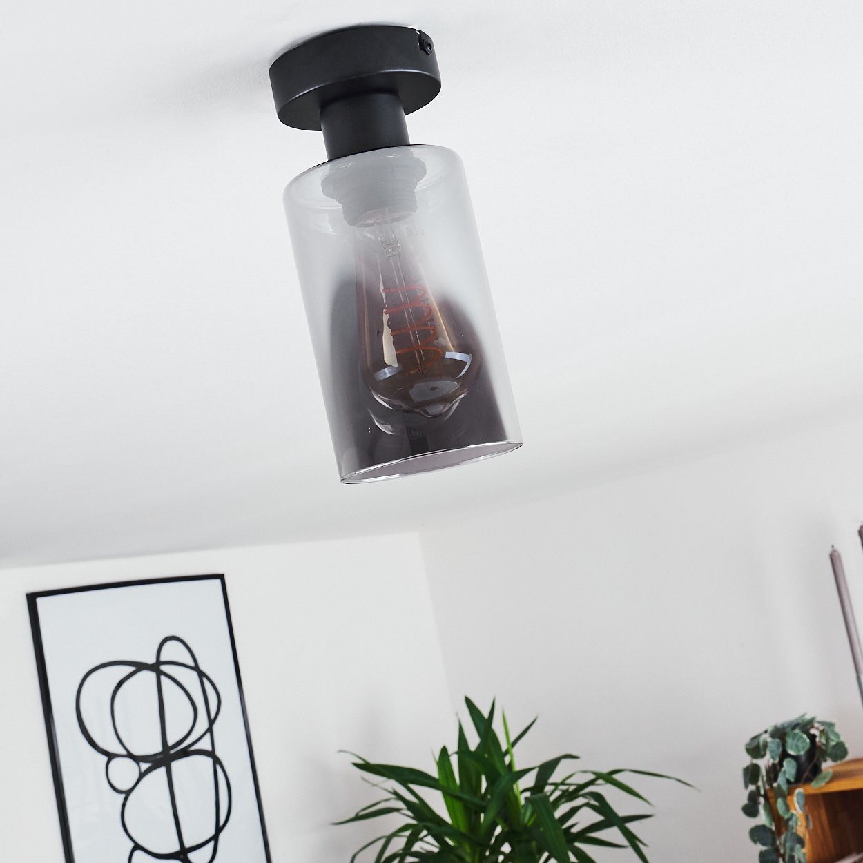 Schirm Deckenlampe Deckenleuchte Glas, moderne E27 in Schwarz/Rauchfarben, 1 aus Retro/Vintage-Design aus Metall/Glas hofstein ohne Leuchtmittel, mit x im