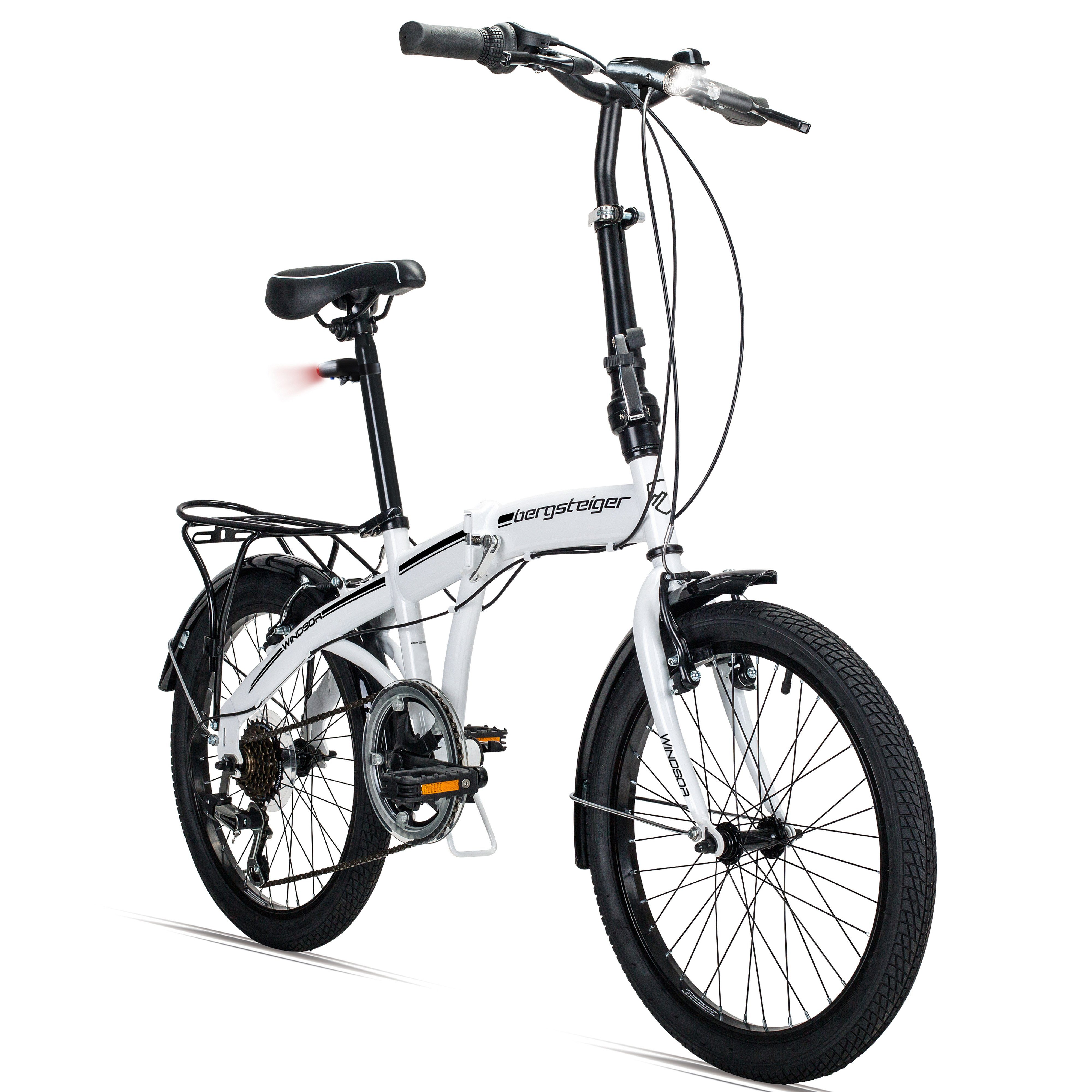 bergsteiger Faltrad Windsor 20 Zoll, Klapprad, Shimano 6 Gang-Schaltung, Damen, Herren, 6 Gang Shimano Tourney RD-TY21 Schaltwerk, Kettenschaltung, V-Bremsen