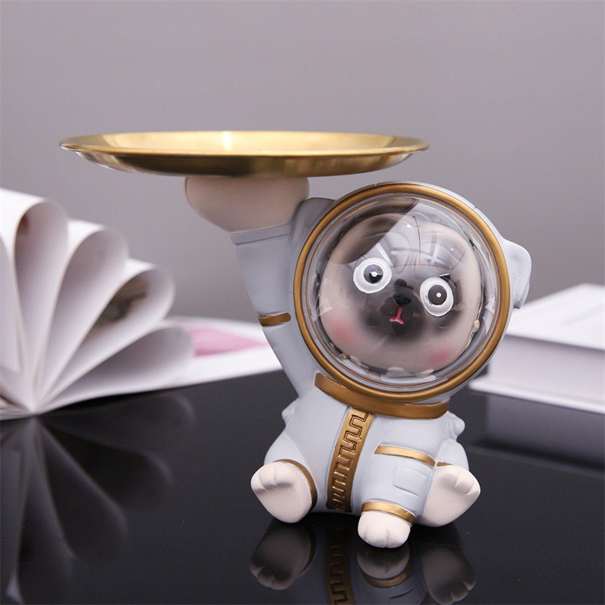 götäzer Dekofigur Mops-Astronautenstatue schmückt das Ablagefach, Einzigartige Wohn-Deko, ideal für Schlüssel, Brillen, Süßigkeiten, etc Grau