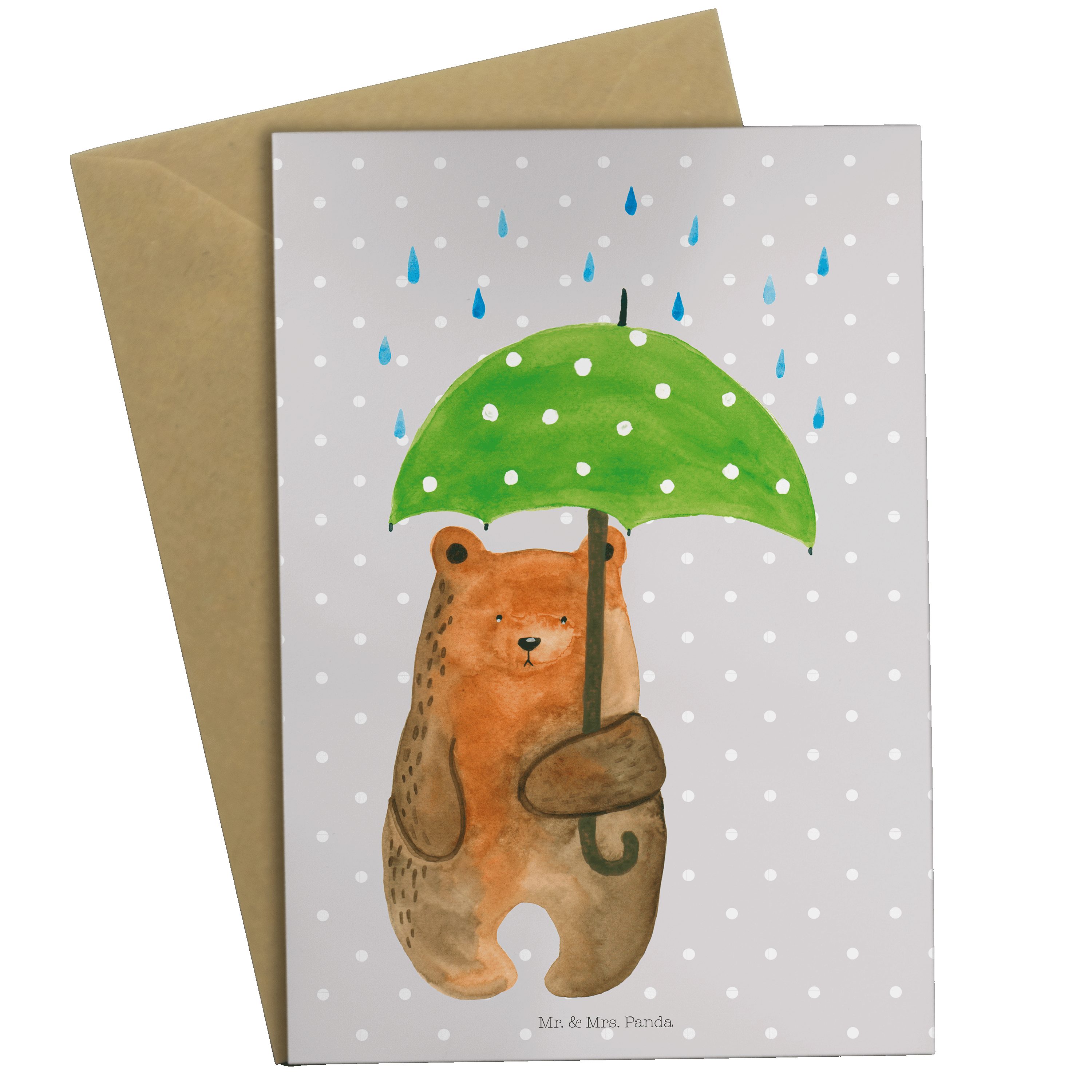 Mr. & Mrs. Panda Grußkarte »Bär mit Regenschirm Grau Pastell
