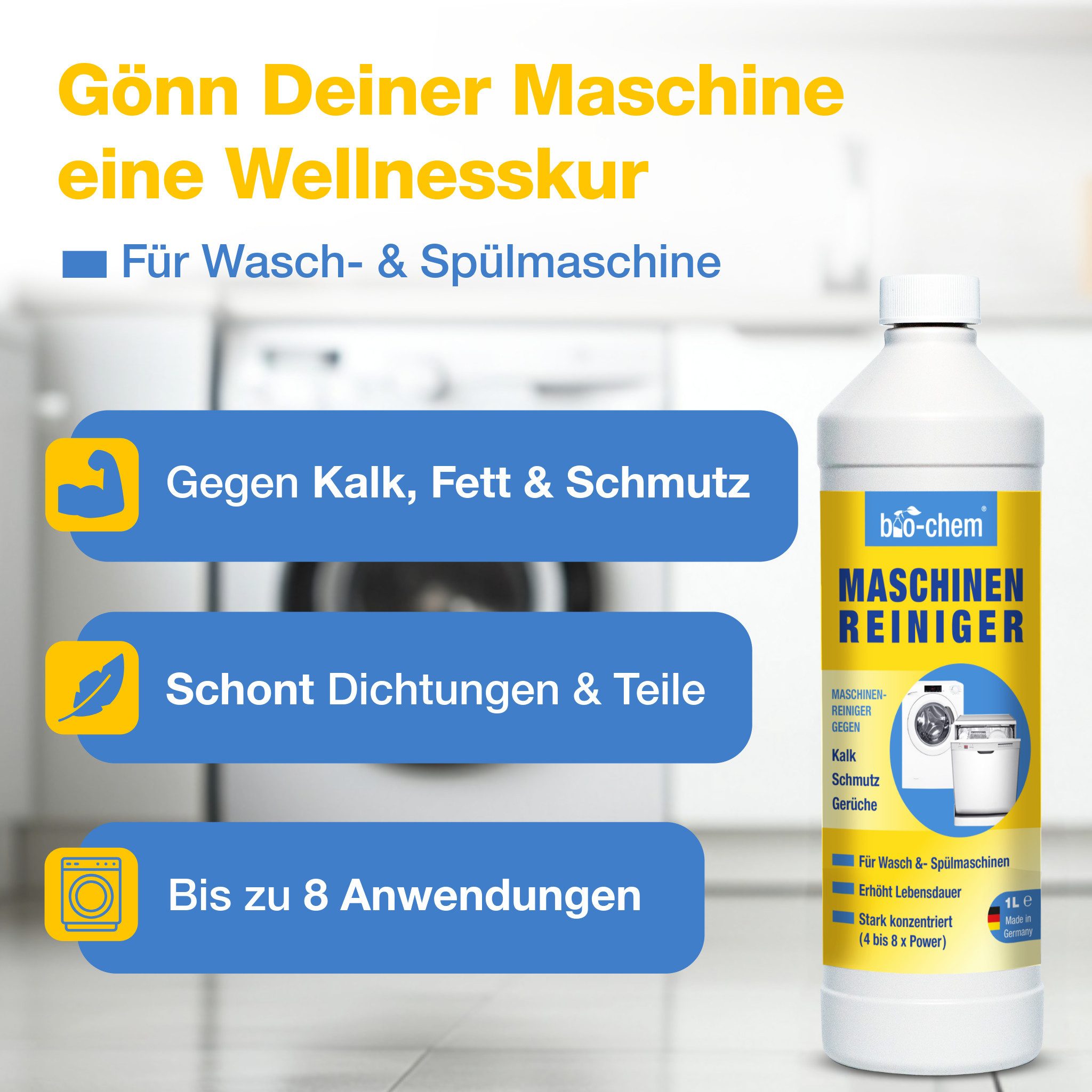 bio-chem bio-chem Maschinenreiniger 1000 ML für Waschmaschine & Geschirrspüler Spülmaschinenreiniger (Sparpaket, [1-St. Maschinenreiniger 1 l 2-in-1 Reiniger für Wasch- und Spülmaschine)
