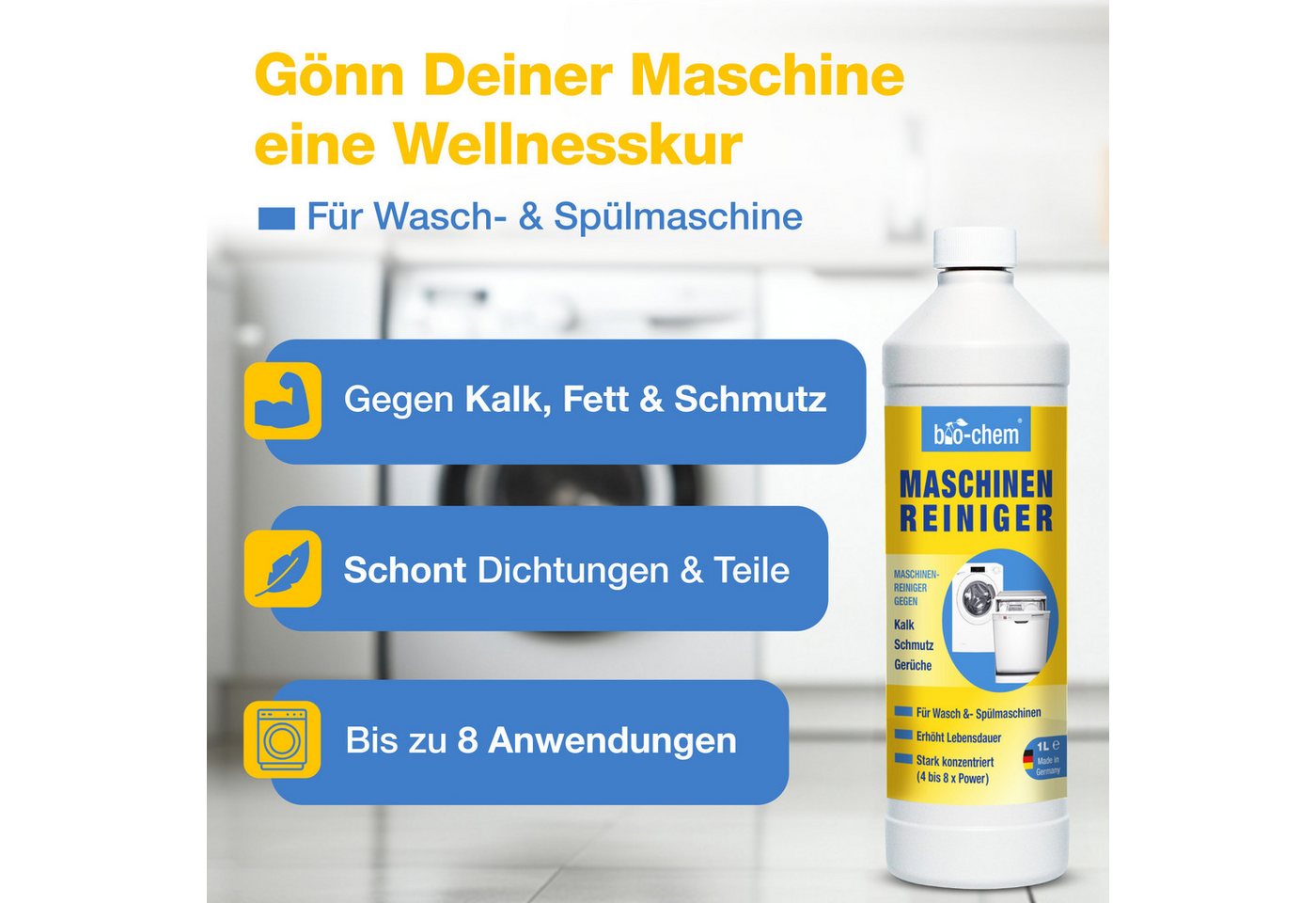 Thumbnail - bio-chem bio-chem Maschinenreiniger 2x 1 L für Waschmaschine, Geschirrspüler Spülmaschinenreiniger (Sparpaket, [2-St. Ma...