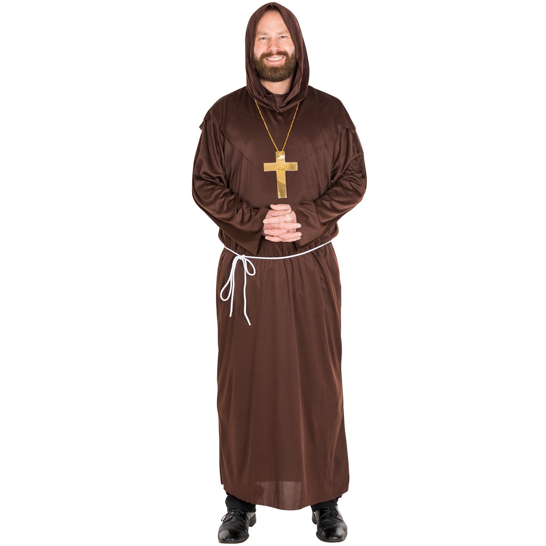 dressforfun Kostüm Priester/Geistlicher, in der Farbe braun, Kreuzkette als Highlight, Konfektionsgröße L, Mönchskutte, Separate Kapuze, Mit Bindegürtel