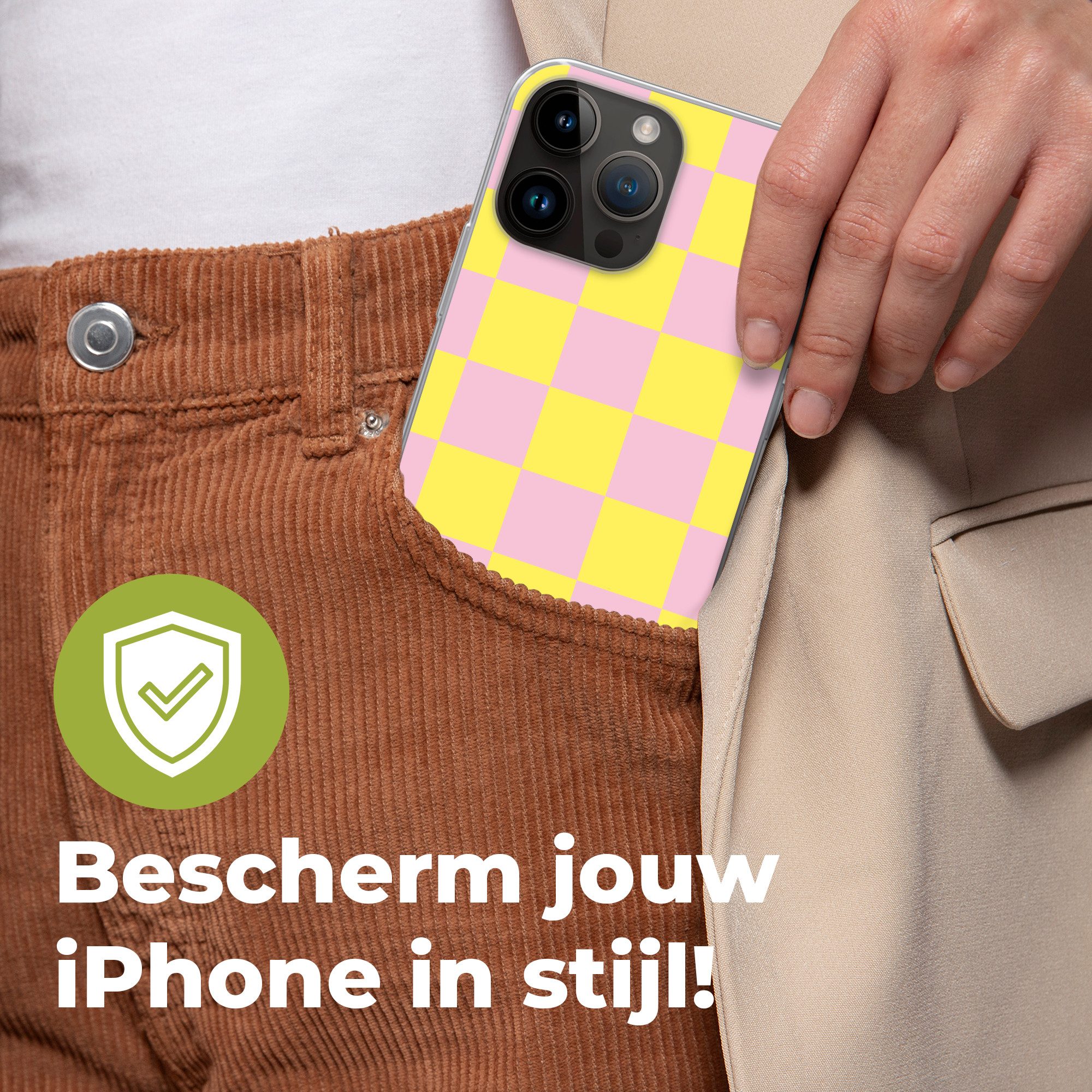 MuchoWow Handyhülle für Apple iPhone 14 Pro Max Schachbrettmuster - Gelb - Rosa - Würfel, Smartphone-Bumper, Print, Handy Schutzhülle Dünn