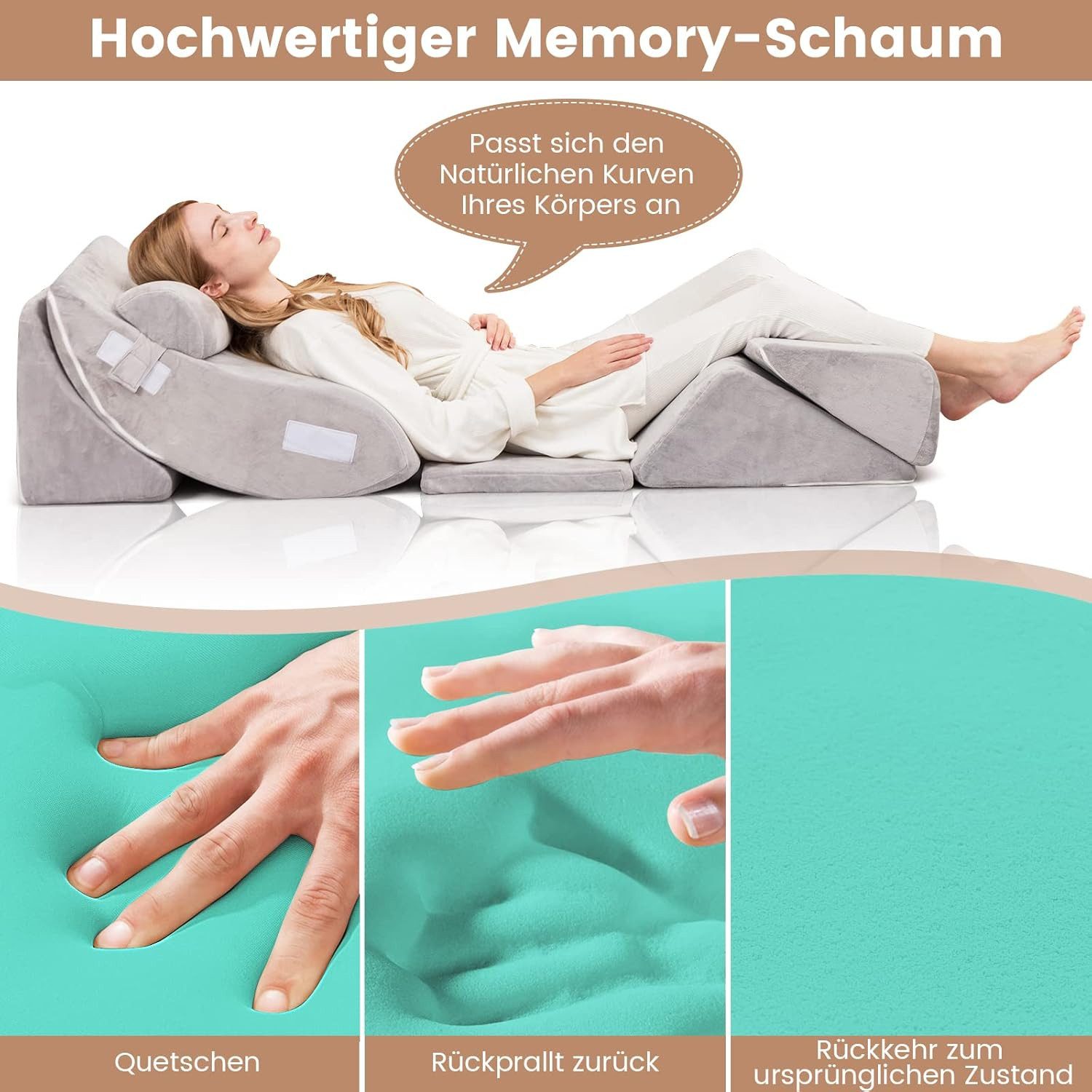 KOMFOTTEU Keilkissen Bettkissen, 6-tlg., ergonomischer Memory Schaum Füllung, Grau