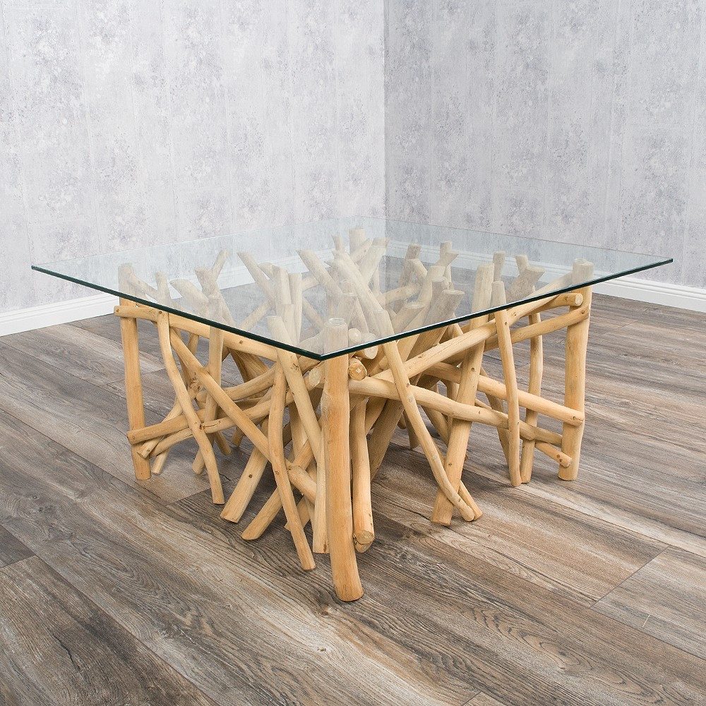 LebensWohnArt Couchtisch Teakholz Couchtisch DRIFT 80x80cm (oder kleiner) Glasplatte Natural