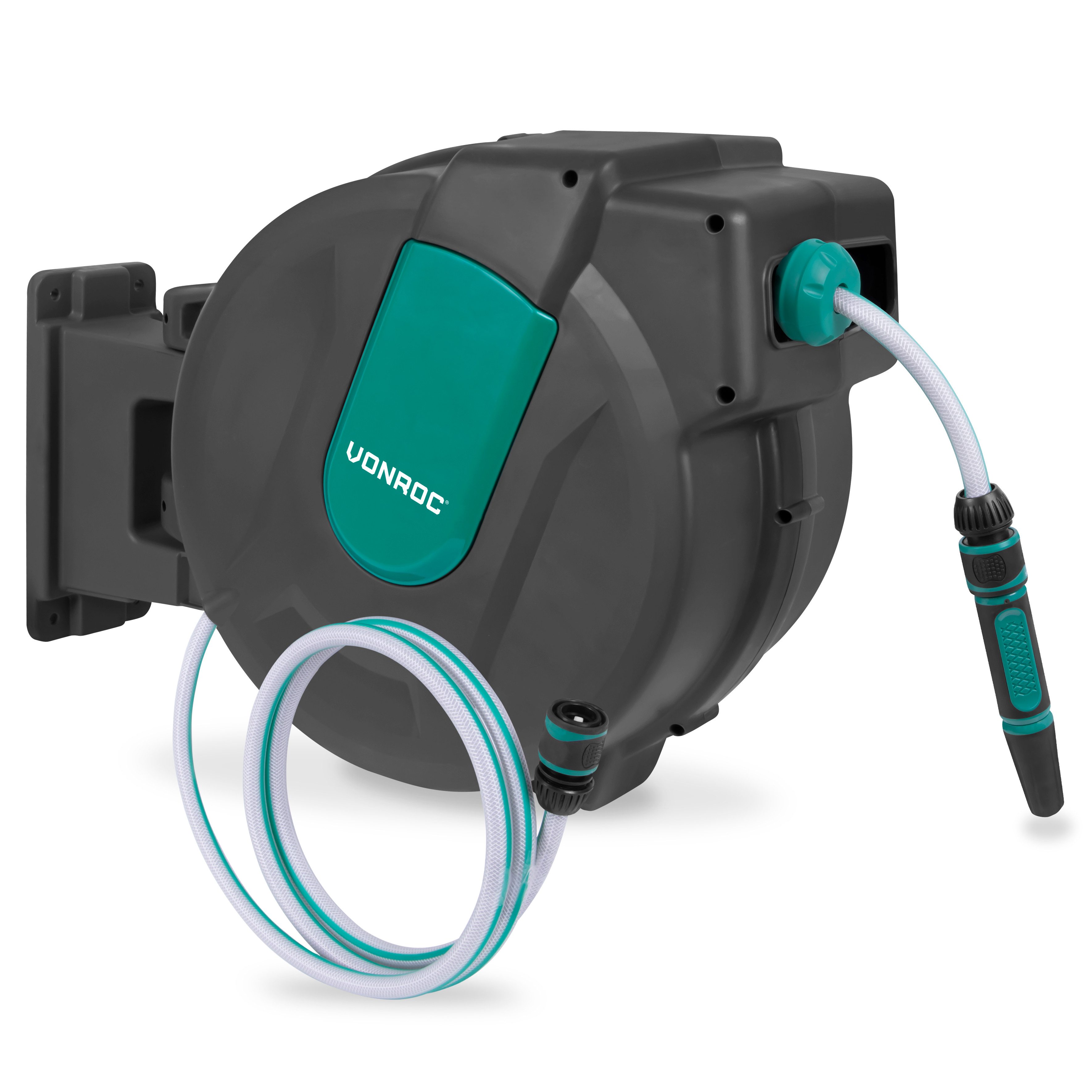 VONROC Schlauchtrommel Gartenschlauch als Schlauchaufroller, (Wasserschlauch 180° drehbar als Schlauchbox inkl. Schlauchhalter Wand & Einzugautomatik - Grün, Je nach Set 15m / 25m oder 35m)