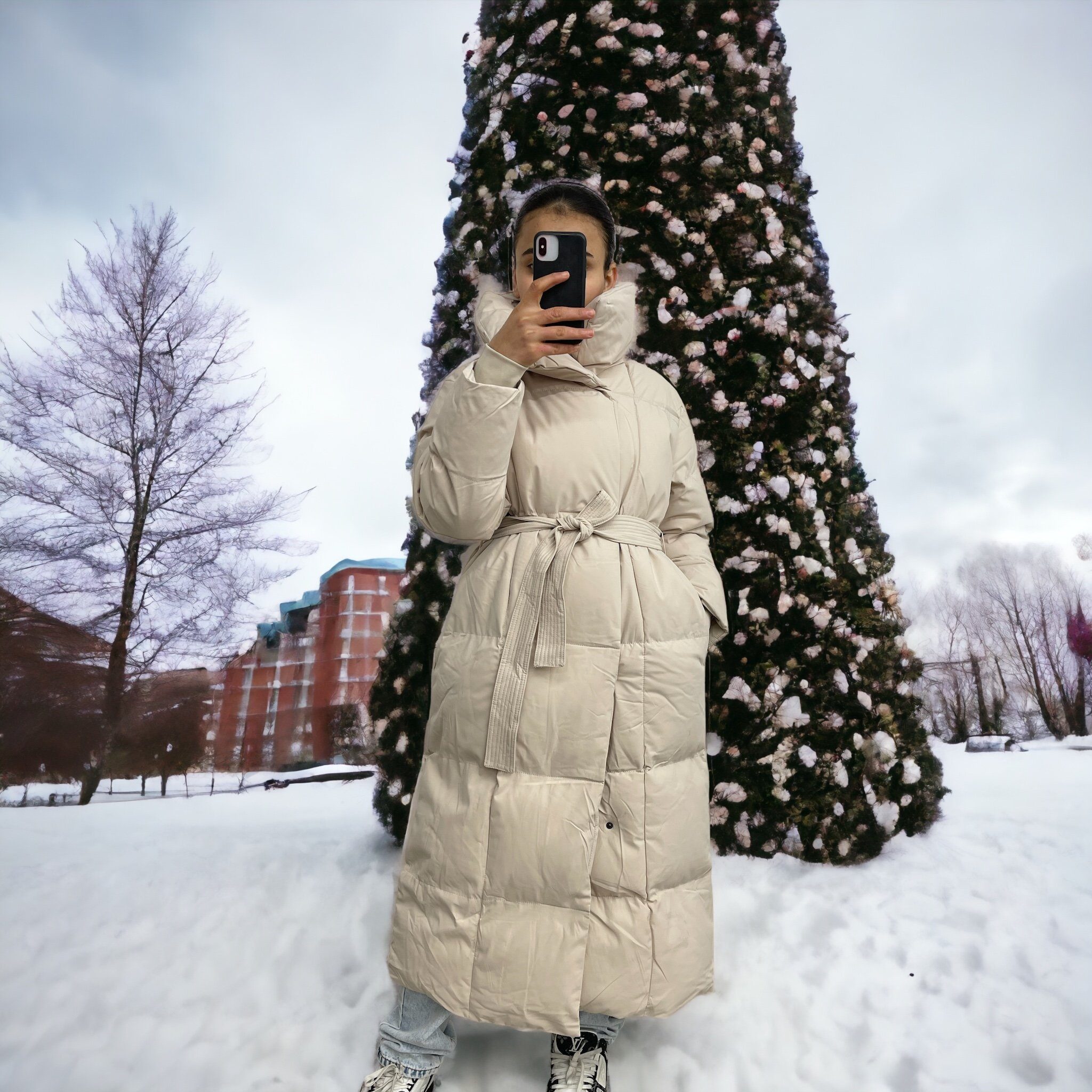 Copperose Winterjacke Modisch Puffer Winter Mantel, Parka lang mit Bindegürtel, Steppmantel mit Stehkragen, knöchellanger Mantel, mit Knopfleiste