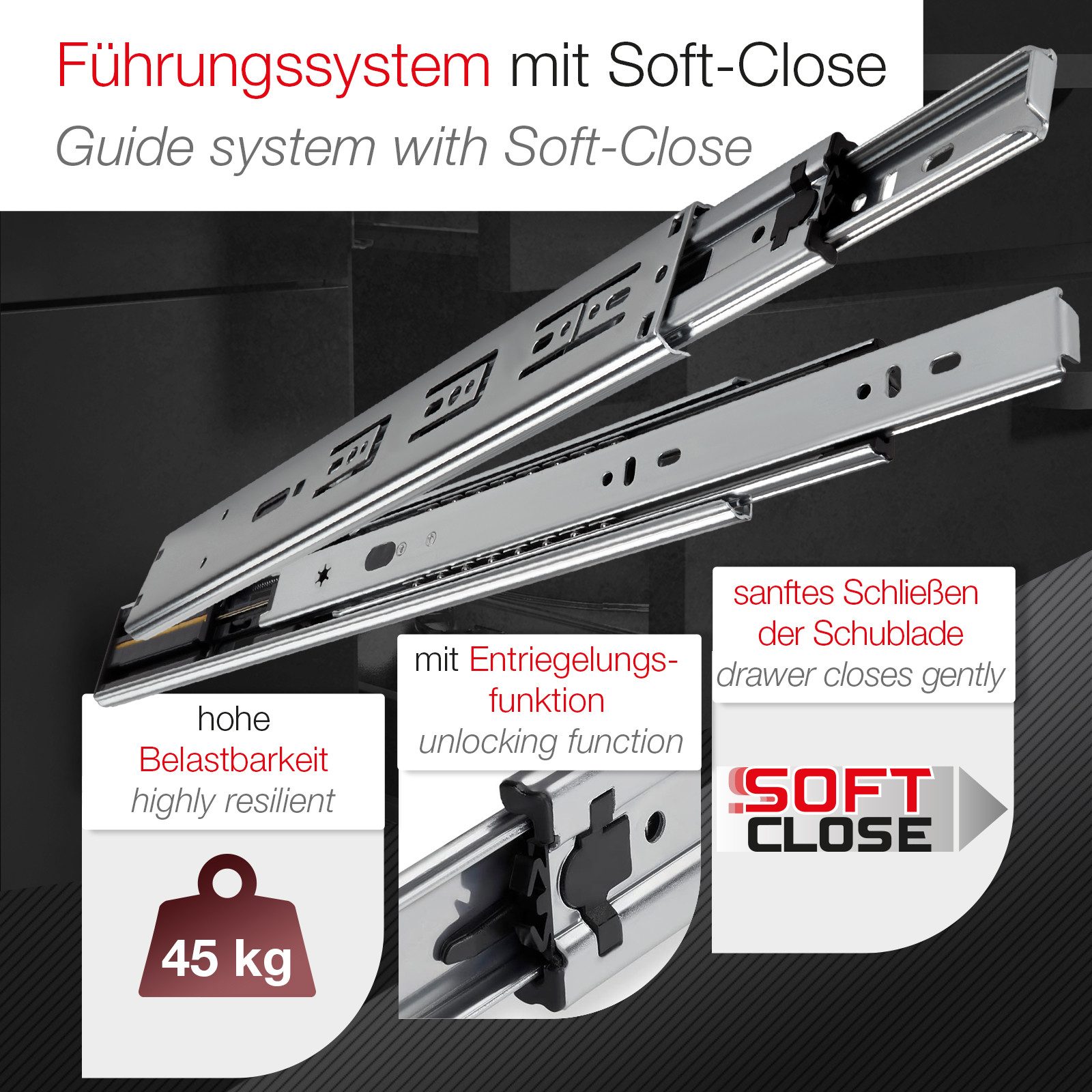 SO-TECH® Auszug Vollauszug kugelgelagert mit Selbsteinzug & SoftClose 45 kg (2 St), Nennlänge 300 mm