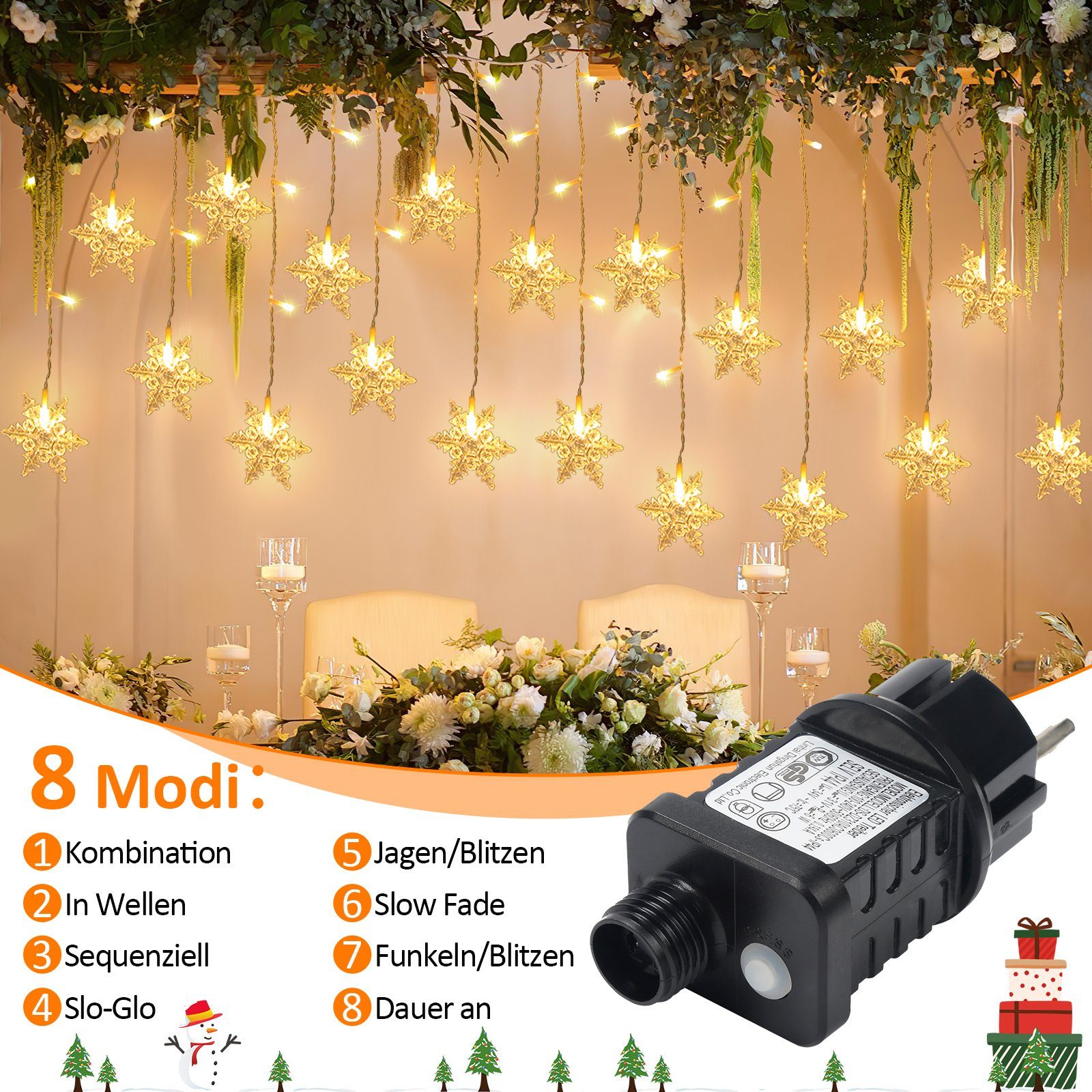 Außen, 8 Schneeflocke LED-Lichterkette LED Lichtervorhang 96-flammig Warmweiß Party Weihnachten Gimisgu Modi Deko