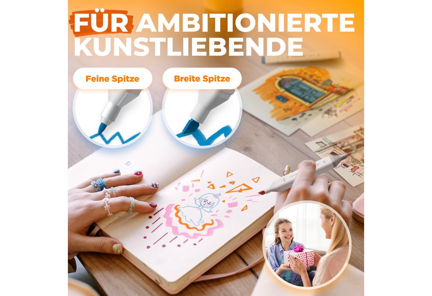 Thumbnail - 2mGoods Marker Alkohol Marker mit Doppelspitze, (inkl. Musterkarte, Aufbewahrungstasche, Feinliner und Highlighter, Copi...