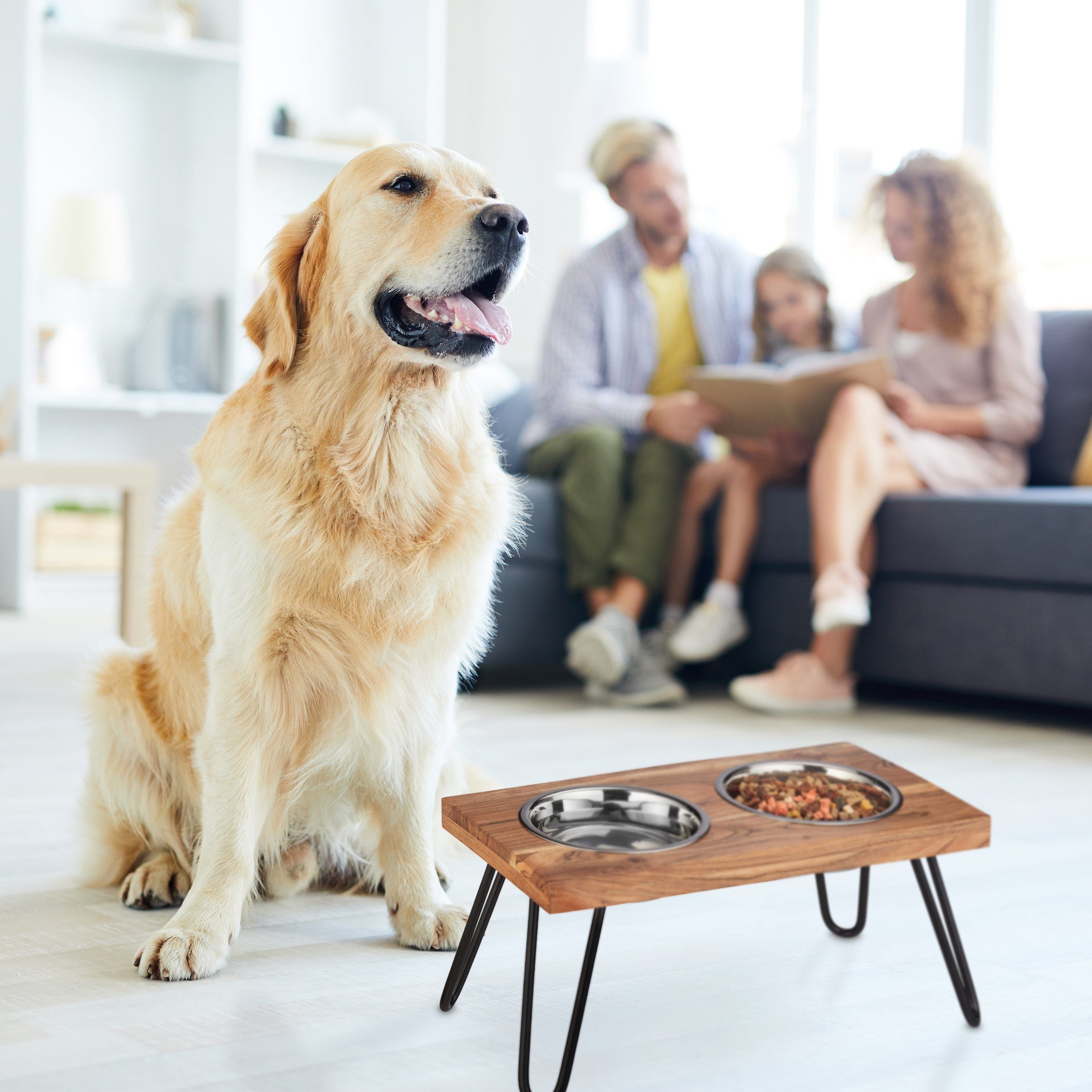 relaxdays Futterstation Napfständer Akazienholz XL