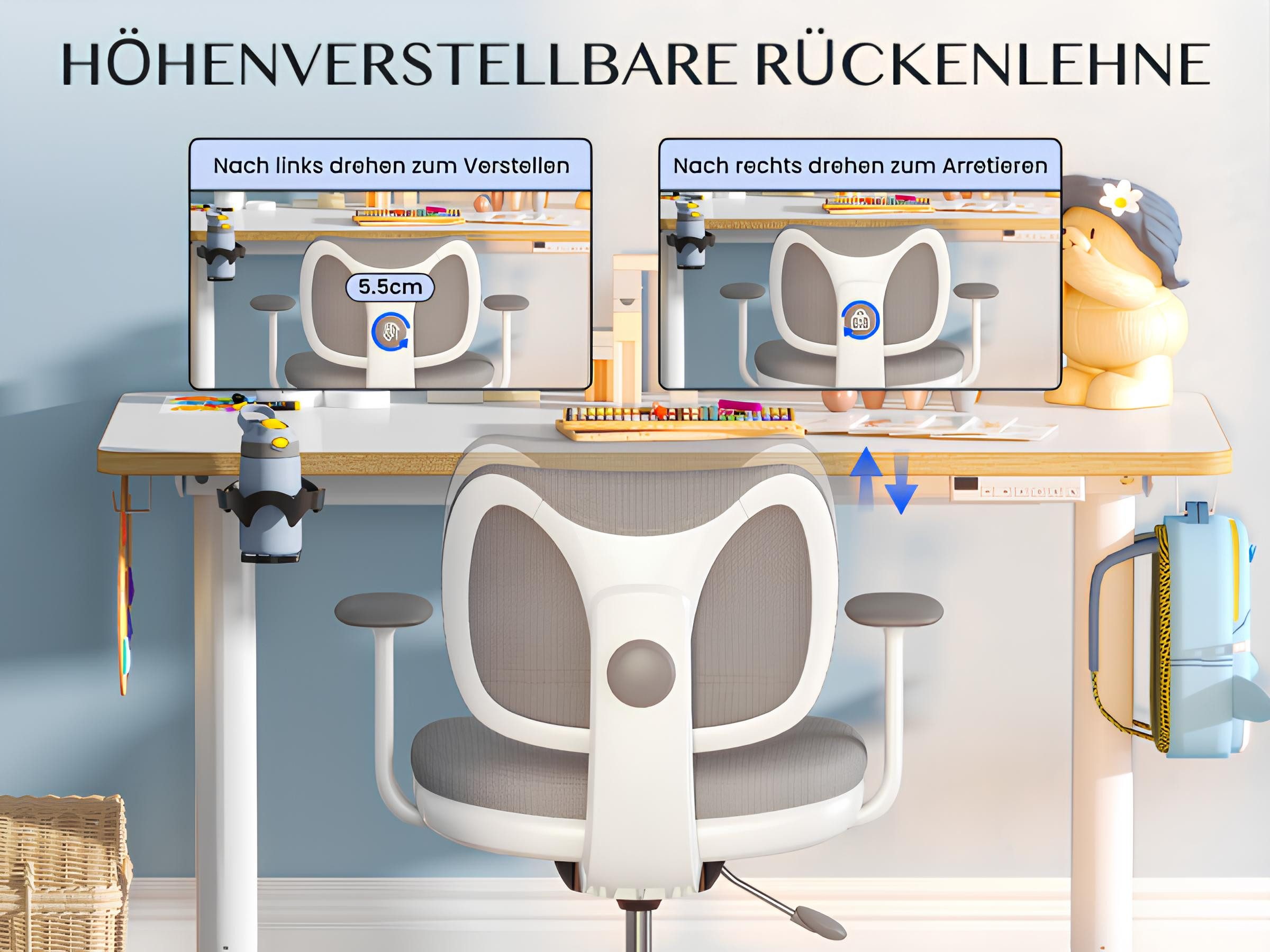 FLEXISPOT Schreibtisch Kinderschreibtisch Höhenverstellbar (16mm Abgerundete Tischecken, LED-Display & 3 Speichertaste), MIT 2xHaken& 1xBecherhalter, Kindertisc – Bild 4 von 5