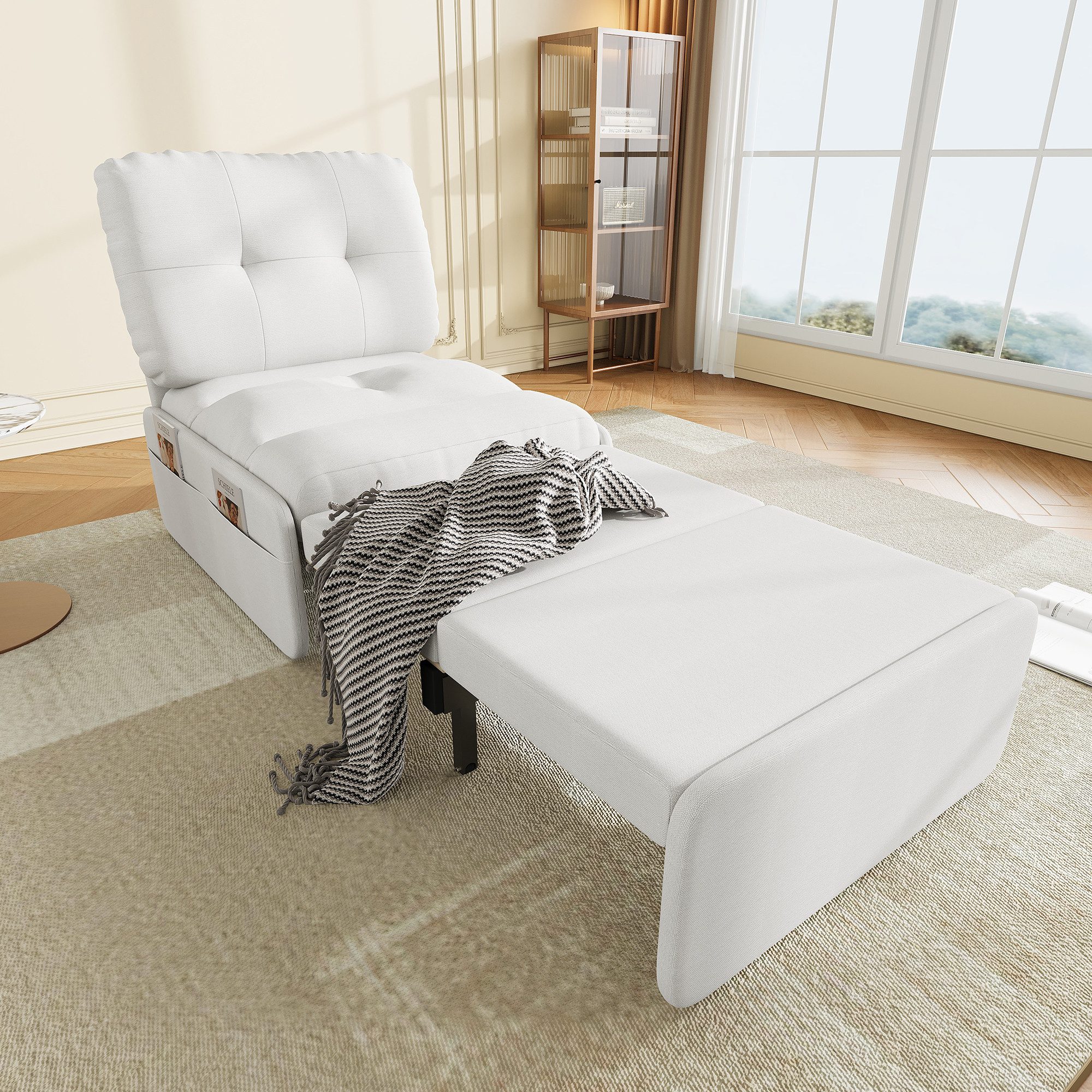 Merax Schlafsofa 2-in-1 Schlafsessel mit Ausziehfunktion, Schlafsessel Sessel 1 Teile, Einzelsessel Gästebett mit 80x165 cm Liegefläche, Leinenbezug